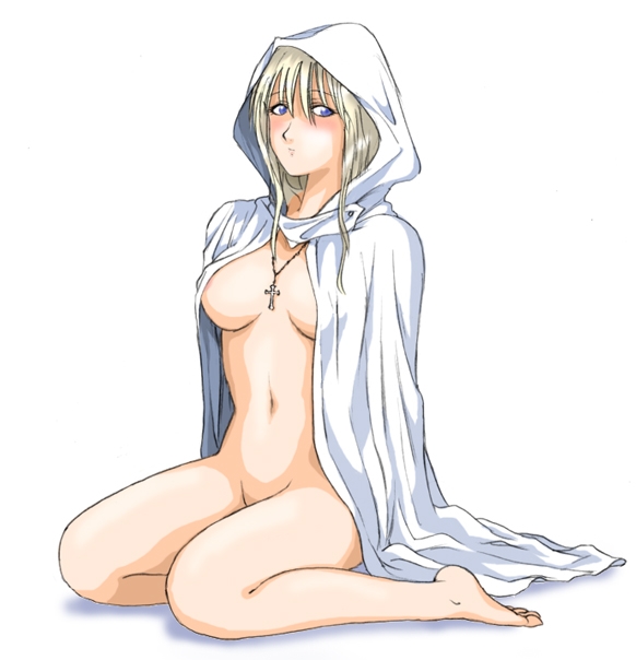 sypha belnades, castlevania (series), castlevania iii: dracula's curse, 1girl, areola slip, barefoot, blonde hair, blue eyes, blush, breasts, cloak, convenient leg, cross, cross necklace, female focus, from side, full body, groin, hair between eyes, hood, hooded cloak, jewelry, long hair, looking at viewer, medium breasts, naked cloak, navel, necklace, nude, open clothes, shadow, sidelocks, simple background, sitting, solo, white background