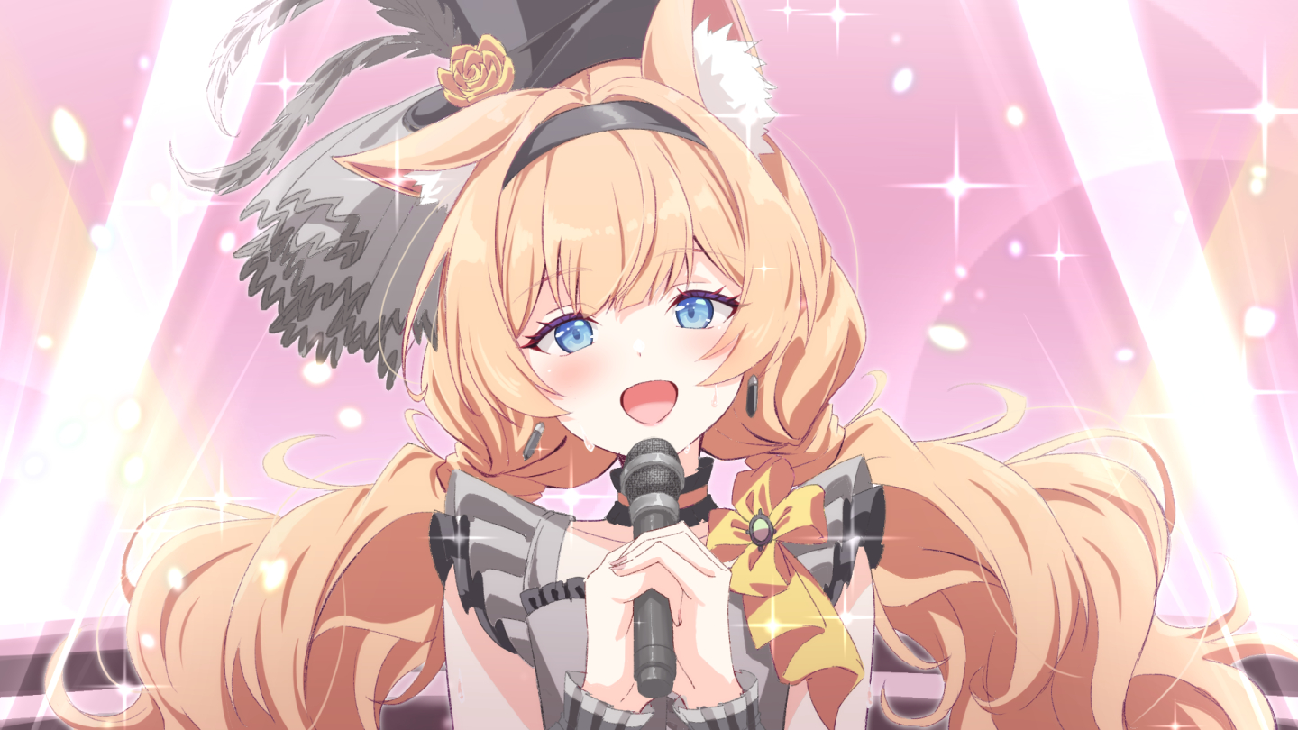 bassa, mari (blue archive), blue archive, 1girl, animal ear fluff, animal ears, black hairband, blonde hair, blue eyes, blush, dress, earrings, hairband, hat, hat feather, holding, holding microphone, jewelry, long hair, looking at viewer, low twintails, microphone, open mouth, orange hair, smile, solo, sweat, top hat, twintails, upper body