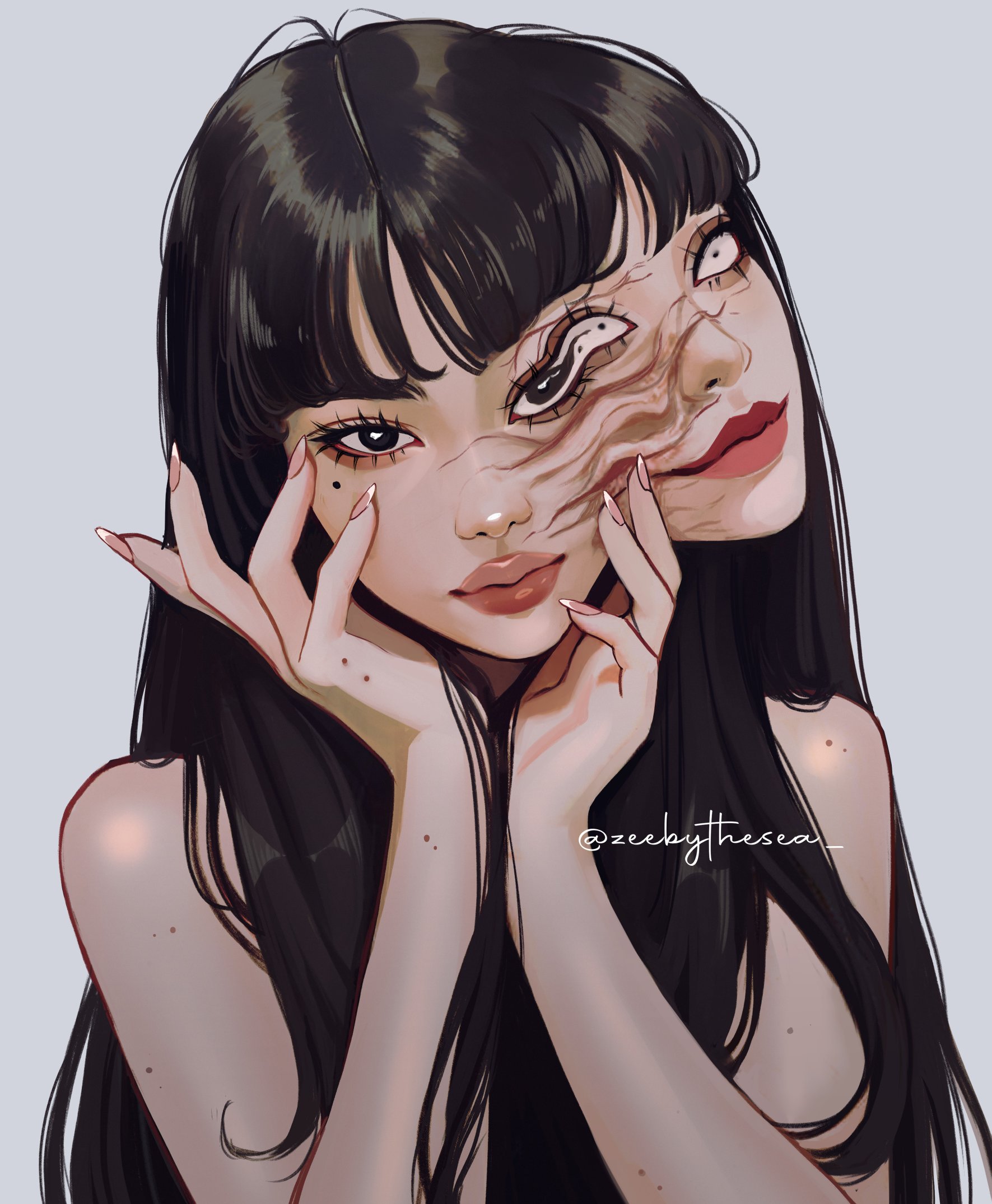 zeebythesea, kawakami tomie, tomie, highres, 1girl, aegyo sal, asian, black eyes, black hair, body horror, closed mouth, conjoined, constricted pupils, extra eyes, extra faces, extra mouth, eyelashes, fingernails, flesh, hair over breasts, hands on own face, horror (theme), long fingernails, long hair, looking at viewer, mole, mole on arm, mole on hand, mole under eye, mutation, portrait, simple background, surreal, twitter username, white background