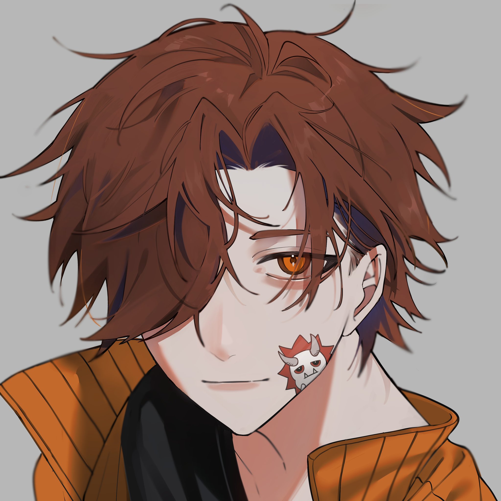 okakiatta, arisakaaa (crazy raccoon), crazy raccoon, hashtag-only commentary, highres, 1boy, brown hair, closed mouth, grey background, hair over one eye, long bangs, looking at viewer, male focus, one eye covered, orange eyes, portrait, short hair, simple background, solo