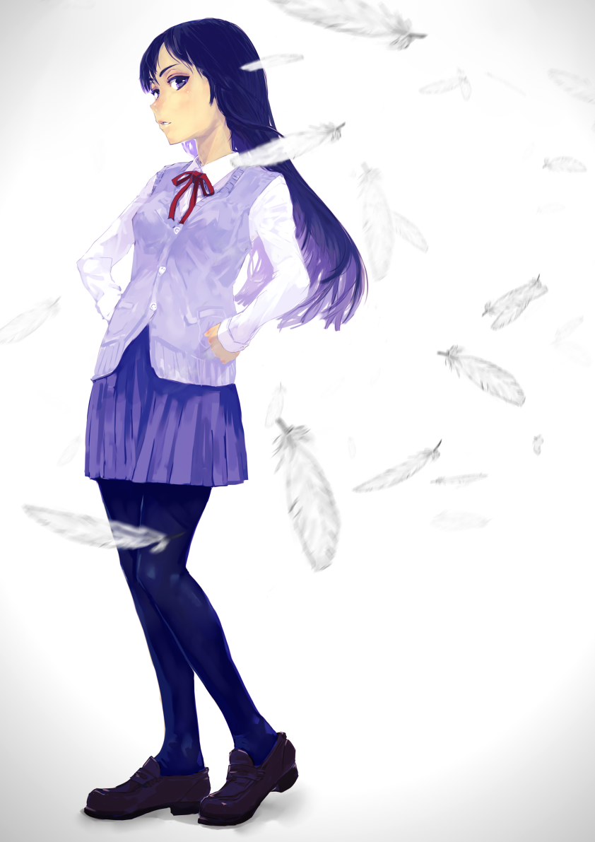 nimirom, original, commentary request, 1girl, blue hair, blue pantyhose, blue skirt, blurry, blurry foreground, blush, breasts, brown shoes, cardigan, cardigan vest, collared shirt, colored inner hair, falling feathers, feathers, floating hair, full body, hands on own hips, heel up, loafers, long hair, long sleeves, looking at viewer, miniskirt, multicolored hair, neck ribbon, pantyhose, parted bangs, parted lips, pleated skirt, purple cardigan, purple eyes, purple hair, red ribbon, ribbon, school uniform, shirt, shoes, sideways glance, simple background, skirt, small breasts, solo, standing, turning head, white background, white feathers, white shirt