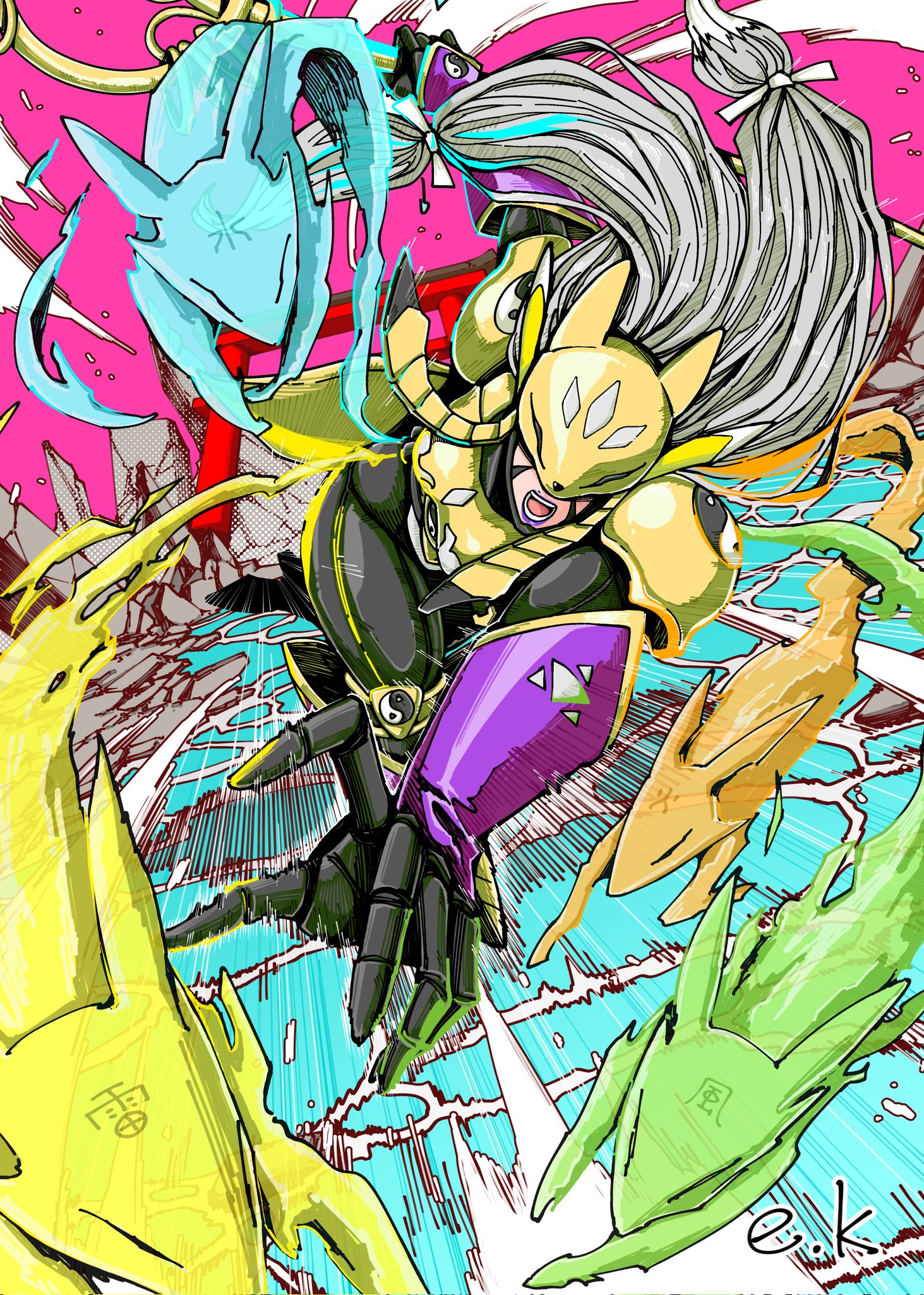 sakuyamon, digimon, highres, 1girl, armor, black bodysuit, bodysuit, digimon (creature), eikenkobayashi, facial mark, fox mask, full body, gold armor, grey hair, holding, holding staff, long hair, mask, pink background, spirit, staff
