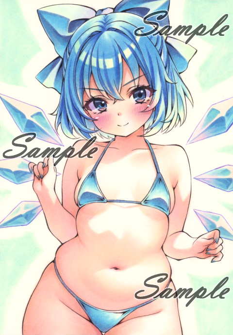 miyakooo0420, cirno, touhou, commentary request, traditional media, 1girl, alternate costume, bikini, blue bikini, blue bow, blue eyes, blue hair, blue nails, blush, bow, breasts, breasts apart, closed mouth, collarbone, detached wings, hair bow, ice, ice wings, looking at viewer, navel, plump, sample watermark, smile, solo, stomach, swimsuit, watermark, wings