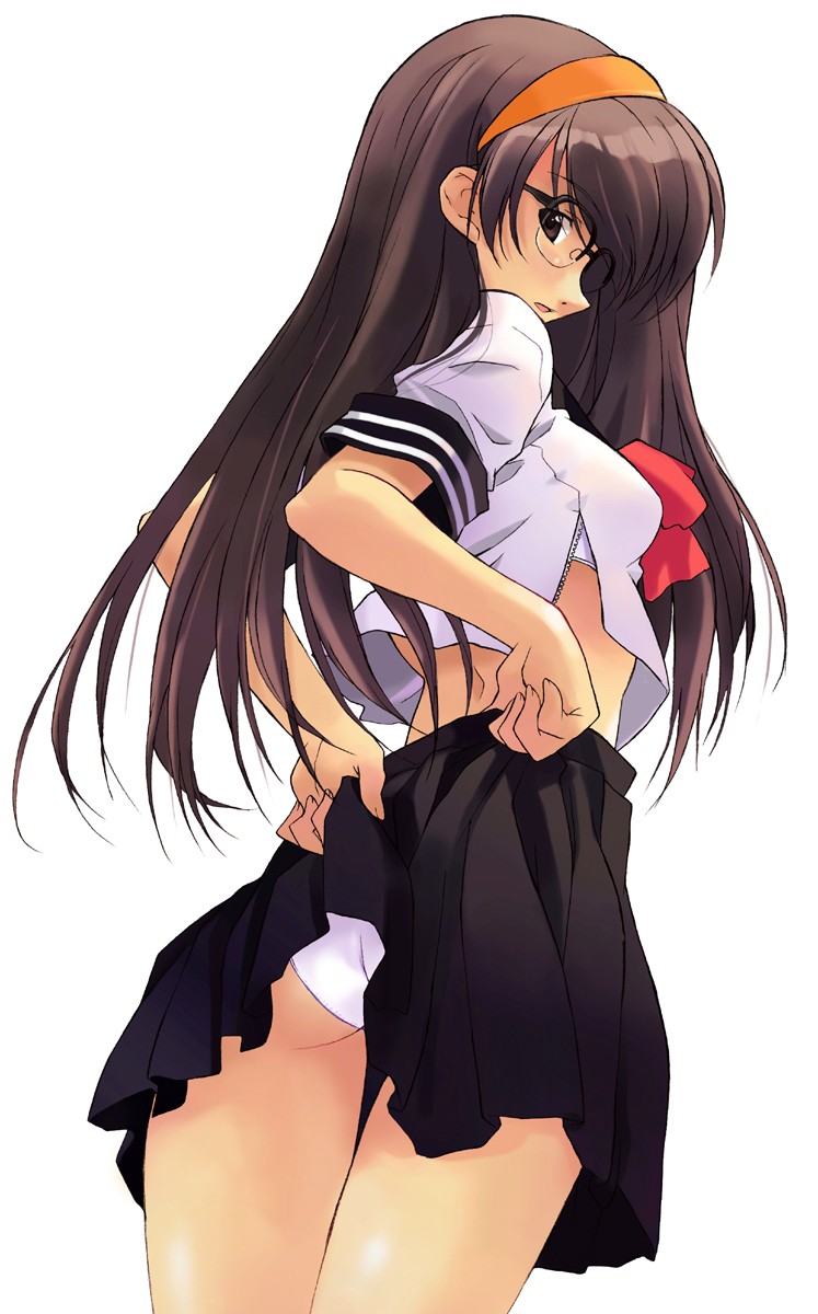 highres, ass, glasses, headband, long hair, panties, school uniform, underwear, upskirt