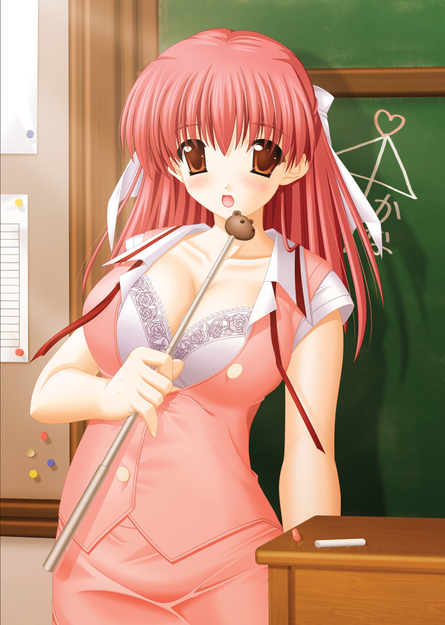 board, artist request, character request, copyright request, highres, source request, 1girl, ai ai gasa, blush, bow, bra, breasts, brown eyes, chalk, chalkboard, classroom, cleavage, contrapposto, desk, female focus, hair bow, indoors, lace, lace-trimmed bra, lace trim, large breasts, open mouth, pink hair, school, smile, solo, standing, table, teacher, underwear, vest