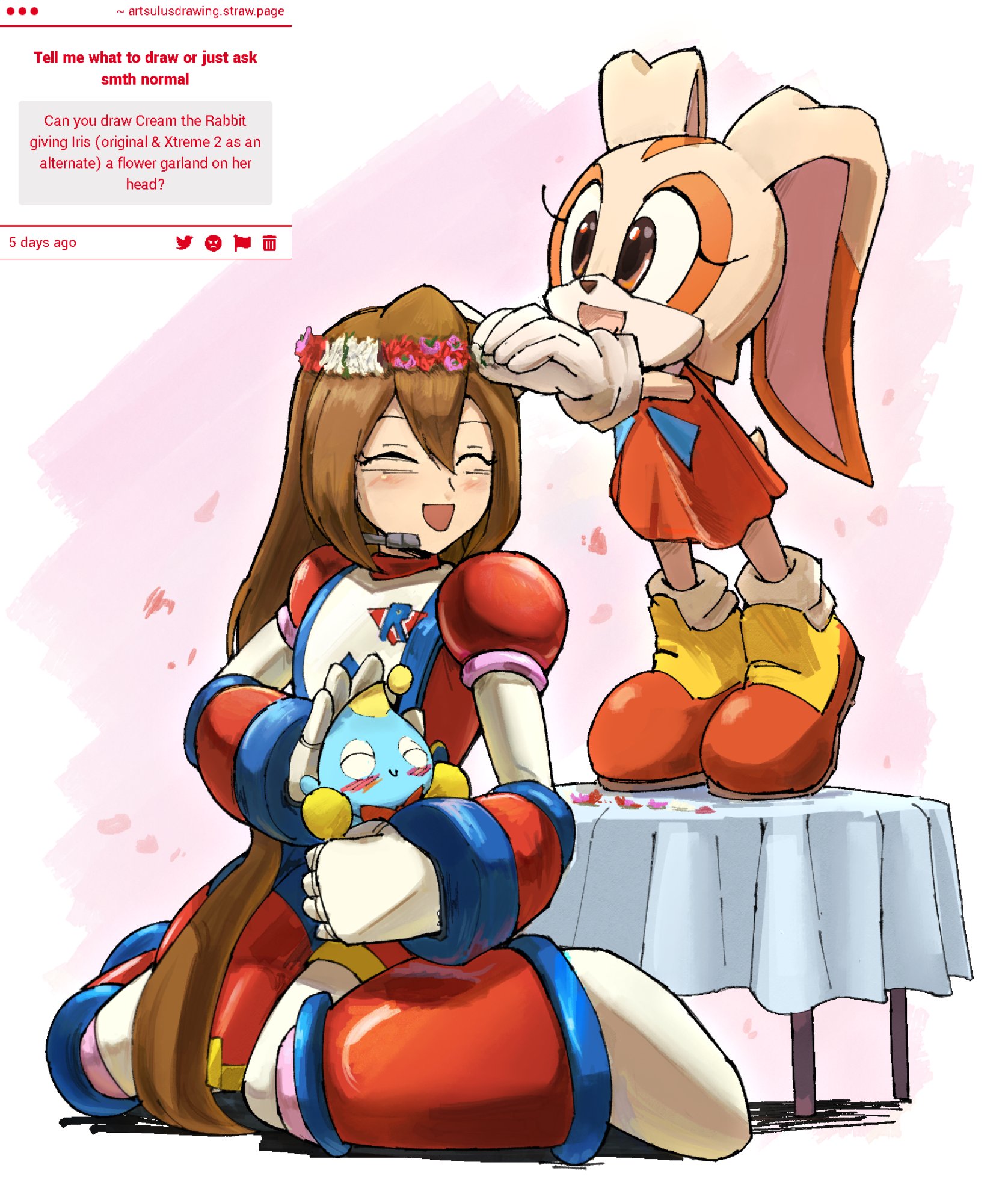 sulus spir1t, chao (sonic), cream the rabbit, iris (mega man), mega man (series), mega man x (series), sonic (series), highres, 2girls, brown hair, closed eyes, full body, group picture, headset, kneeling, multiple girls, request inset