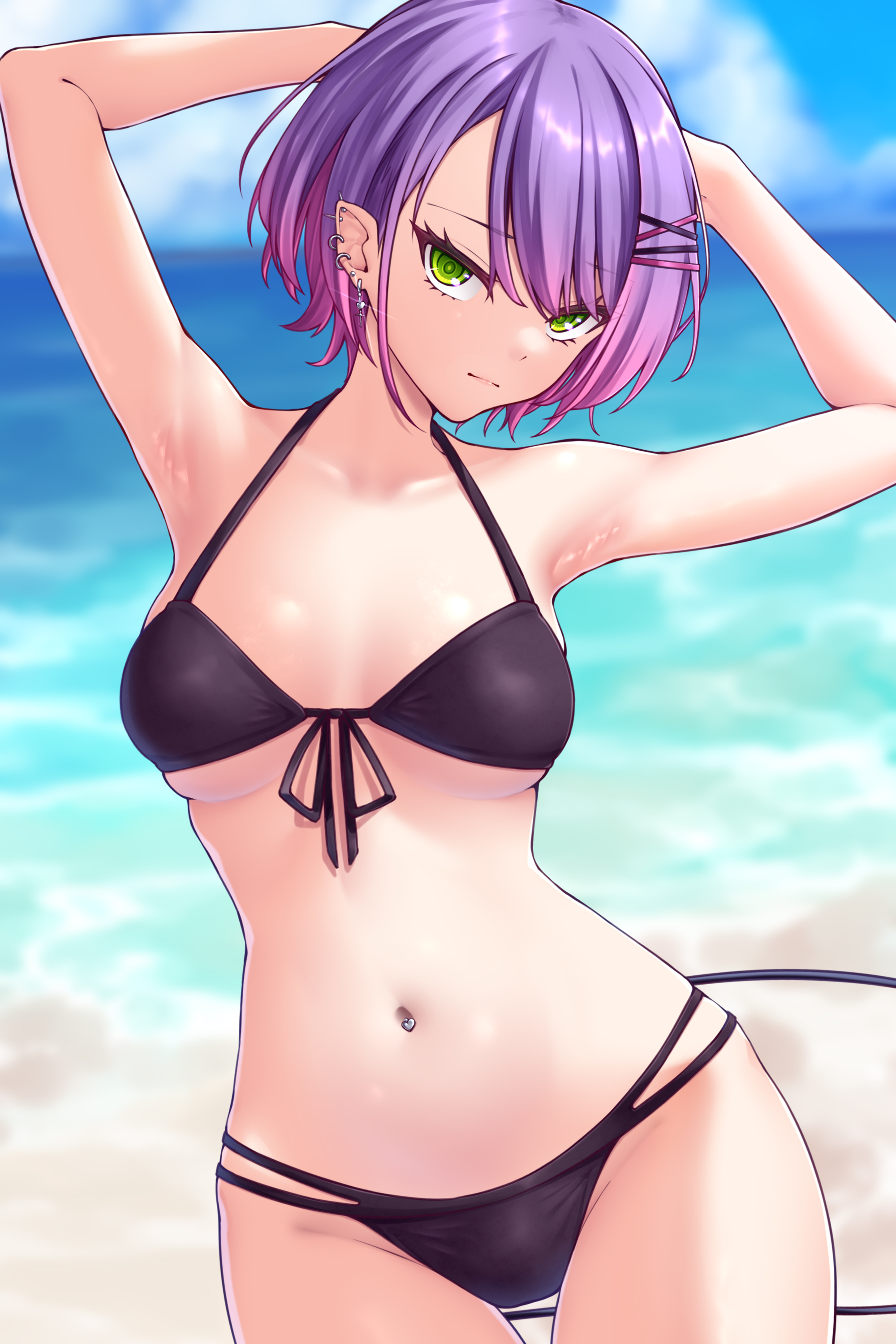 zellam, tokoyami towa, hololive, absurdres, commentary request, highres, 1girl, alternate costume, armpits, arms behind head, arms up, bikini, black bikini, blue sky, blurry, blurry background, breasts, cleavage, closed mouth, cowboy shot, day, demon girl, demon tail, ear piercing, front-tie bikini top, front-tie top, gradient hair, green eyes, hair ornament, hairclip, halterneck, looking at viewer, medium breasts, multi-strapped bikini bottom, multicolored hair, navel, official alternate hair length, official alternate hairstyle, outdoors, piercing, pink hair, pointy ears, purple hair, short hair, sky, solo, stomach, string bikini, swept bangs, swimsuit, tail, virtual youtuber, x hair ornament
