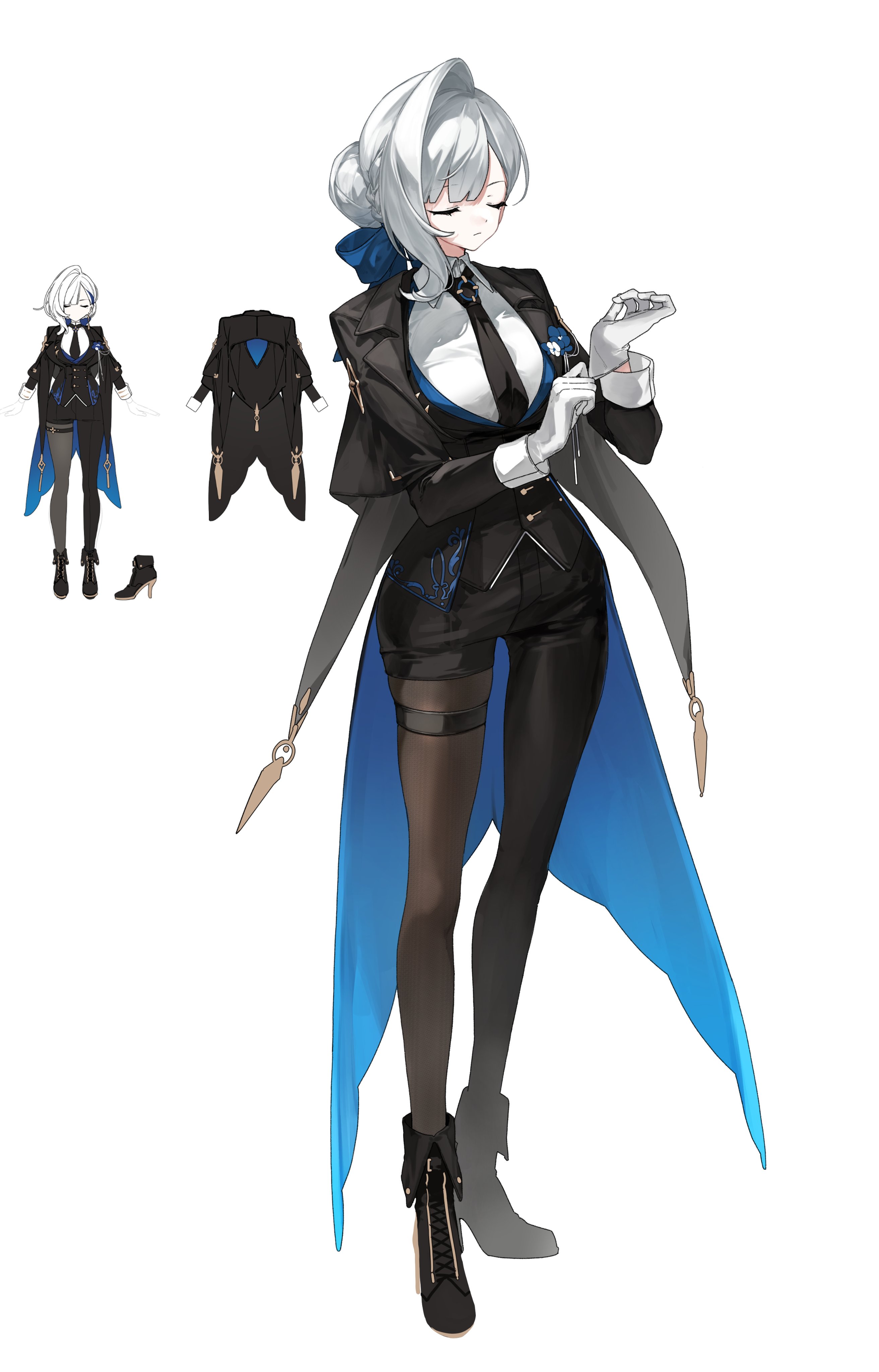 jyuuku, original, absurdres, commentary, highres, 1girl, adjusting clothes, adjusting gloves, ankle boots, asymmetrical clothes, asymmetrical hair, black boots, black jacket, black necktie, black pants, black pantyhose, black veil, blue bow, boots, bow, braid, breasts, closed eyes, closed mouth, coattails, collared shirt, dress shirt, full body, gloves, grey hair, hair bow, hair bun, jacket, large breasts, long sleeves, multiple views, necktie, pants, pantyhose, shirt, simple background, single hair bun, single hair intake, single pantsleg, single sidelock, standing, thigh strap, veil, white background, white gloves, white shirt