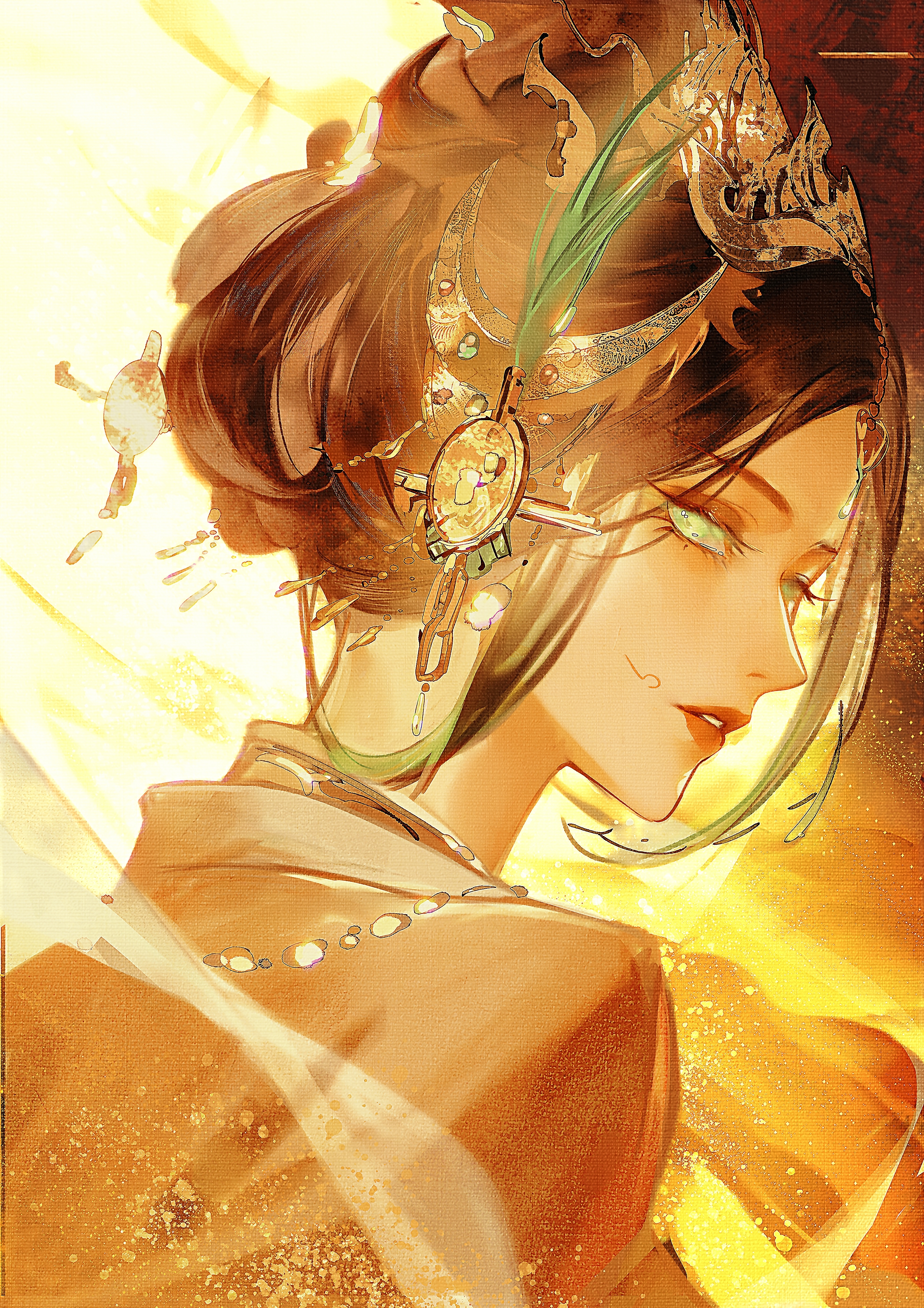 qingci, yugu (path to nowhere), path to nowhere, absurdres, commentary, highres, 1girl, brown hair, chinese clothes, facial mark, feather hair ornament, feathers, forehead, forehead jewel, from behind, glowing, glowing eyes, green eyes, hair ornament, hairpin, headpiece, jade (gemstone), light particles, looking at viewer, looking back, official alternate costume, parted bangs, parted lips, red lips, sidelocks tied back, solo, updo, upper body, yellow background