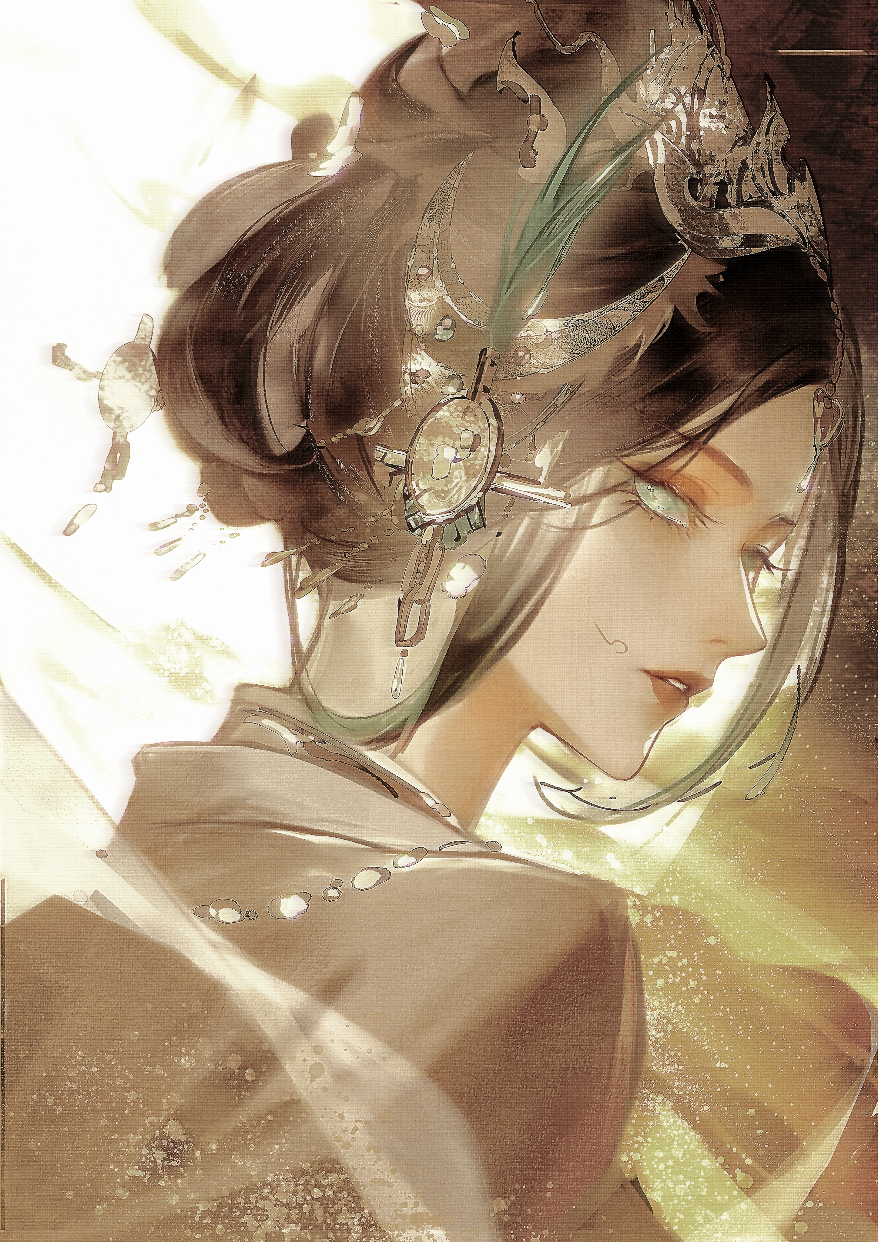 qingci, yugu (path to nowhere), path to nowhere, absurdres, commentary, highres, 1girl, brown hair, chinese clothes, facial mark, feather hair ornament, feathers, forehead, forehead jewel, from behind, glowing, glowing eyes, green eyes, hair ornament, hairpin, headpiece, jade (gemstone), light particles, looking at viewer, looking back, official alternate costume, parted bangs, parted lips, red lips, sepia, sidelocks tied back, solo, updo, upper body