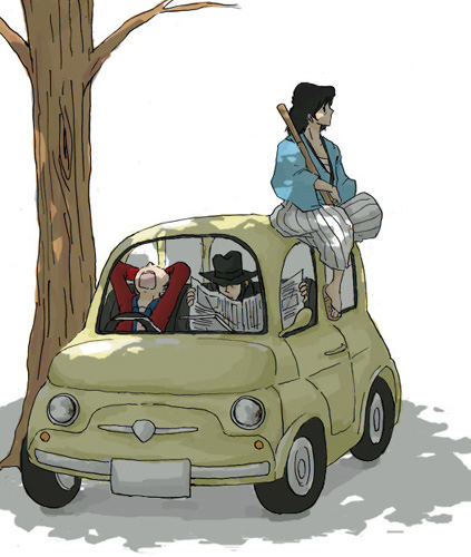 arsene lupin iii, ishikawa goemon xiii, jigen daisuke, fiat, lupin iii, tms entertainment, lowres, 3boys, beard, car, facial hair, fiat 500, jacket, male focus, motor vehicle, multiple boys, necktie, newspaper, red jacket, sleeping, sword, tree, vehicle focus, weapon, white necktie