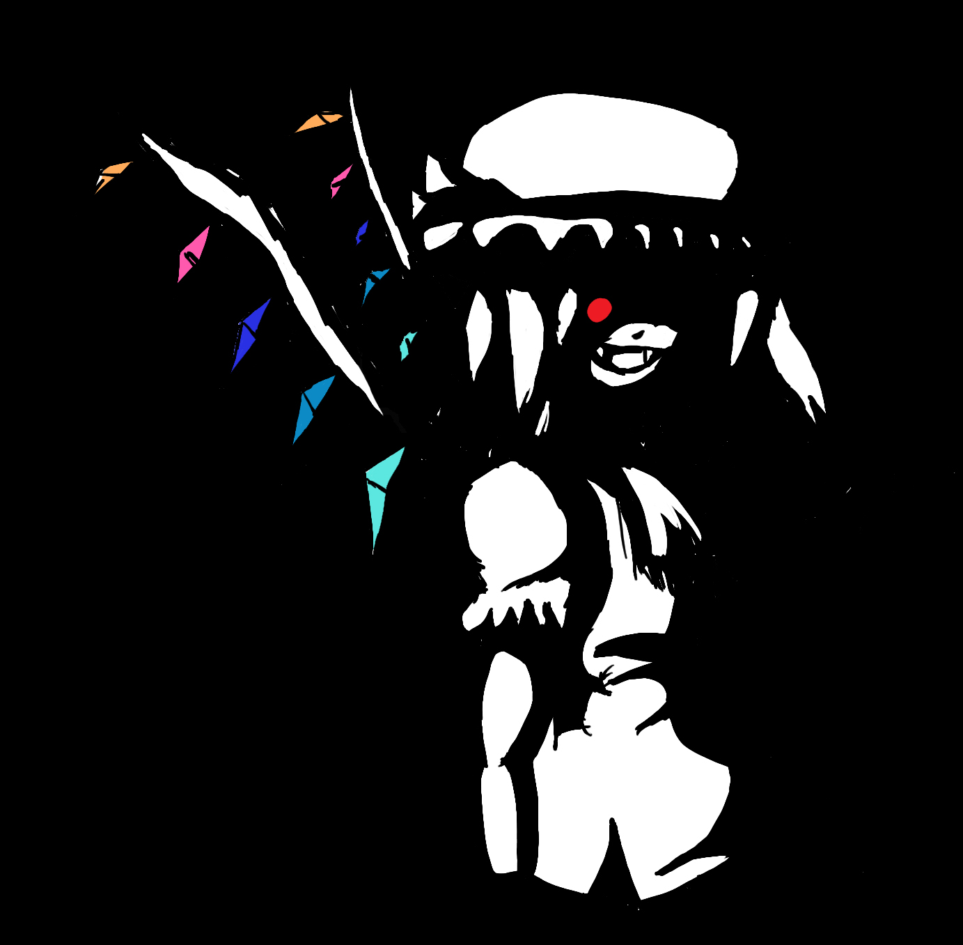 cookie (artist), flandre scarlet, touhou, highres, 1girl, crazy eyes, dark, darkness, evil face, evil grin, evil smile, fangs, female focus, glowing, glowing eyes, grin, hat, monochrome, perfectly sane, red eyes, simple background, smile, solo, wings