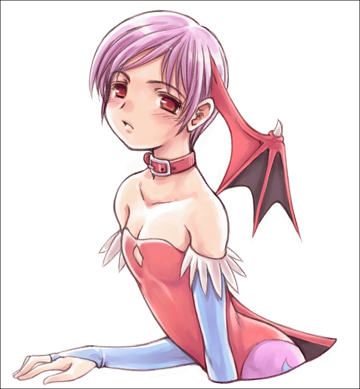 orebalgum, lilith (darkstalkers), capcom, darkstalkers, 1girl, bare shoulders, bat wings, collar, demon girl, elbow gloves, female focus, flat chest, gloves, head wings, leotard, pantyhose, pink hair, red eyes, red leotard, short hair, solo, wings