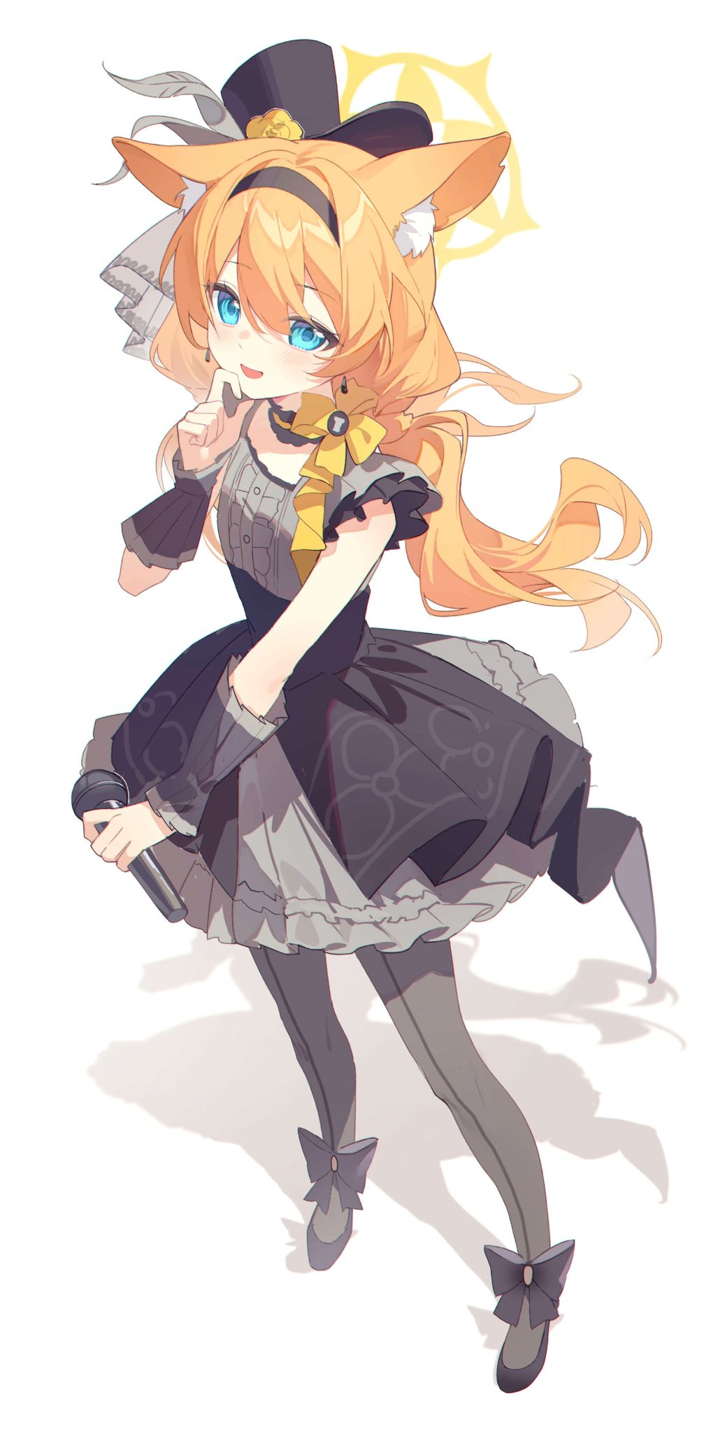 yunweishukuang, mari (blue archive), blue archive, highres, 1girl, blonde hair, blush, bow, choker, dress, frills, grey pantyhose, head out of frame, holding, holding microphone, idol, long hair, microphone, open mouth, pantyhose, simple background, smile, solo, white background, yellow bow