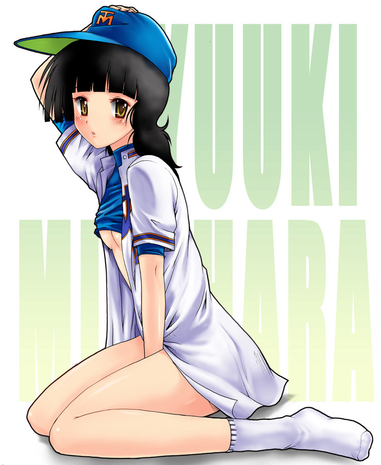 kakogawa tarou, mizuhara yuuki, baseball cap, black hair, blush, bottomless, dream ball, hat, long hair, sitting, socks, turtleneck, yellow eyes