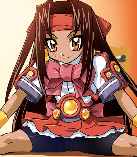 haruyama kazunori, higashijuujou tsugumi, akihabara dennou gumi, 1990s (style), 1girl, bike shorts, bow, brown hair, cameltoe, dark-skinned female, dark skin, female focus, long hair, orange eyes, pink bow, retro artstyle, sitting, solo