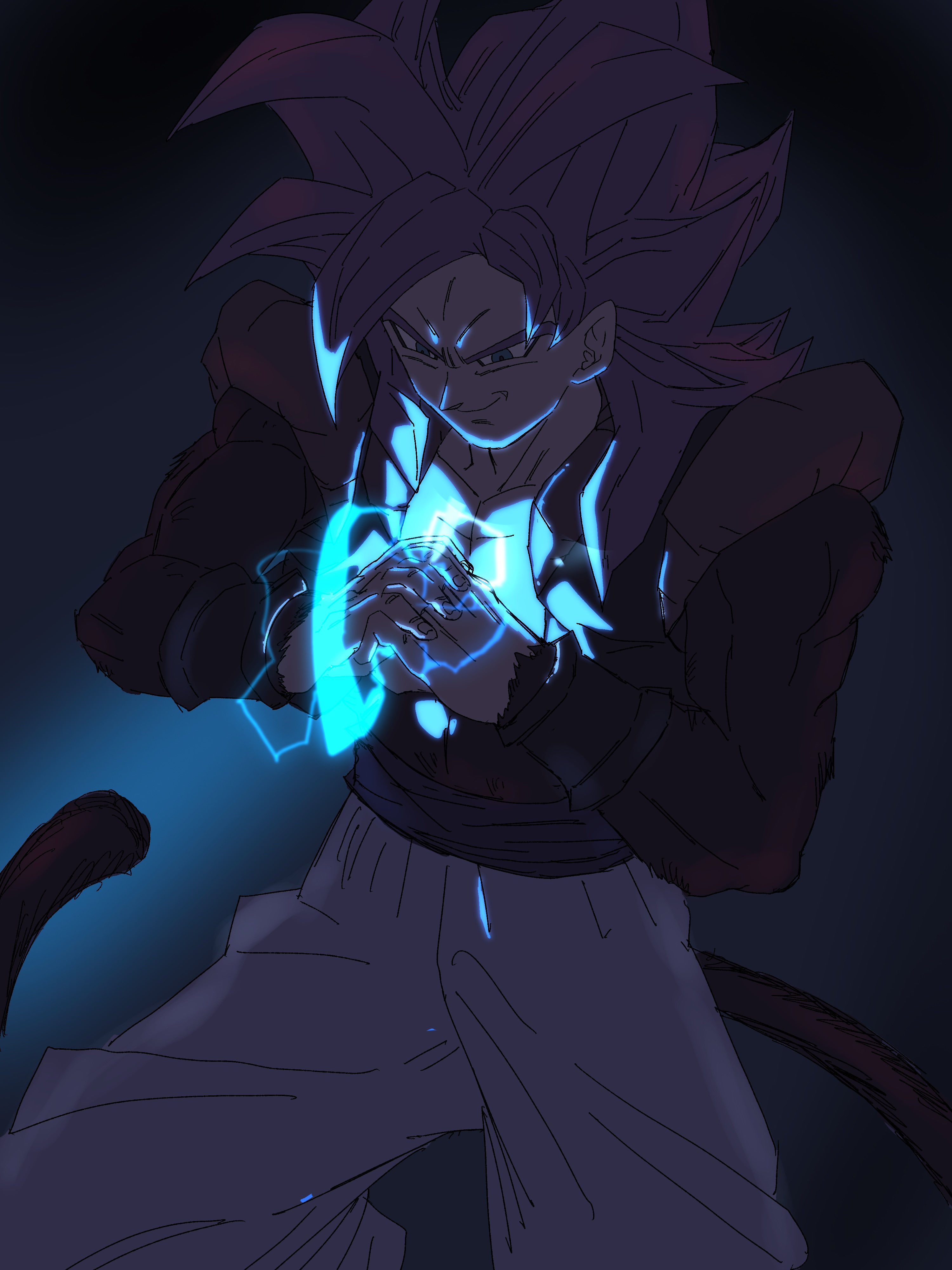 kazumax76, gogeta, dragon ball, dragon ball gt, absurdres, highres, 1boy, black background, black vest, blue eyes, blue sash, body fur, brown fur, brown tail, cowboy shot, cropped vest, dark background, electricity, glowing, long hair, male focus, metamoran vest, monkey tail, muscular, muscular male, no shirt, pants, red hair, sash, simple background, smirk, solo, spiked hair, super saiyan, super saiyan 4, tail, vest, white pants