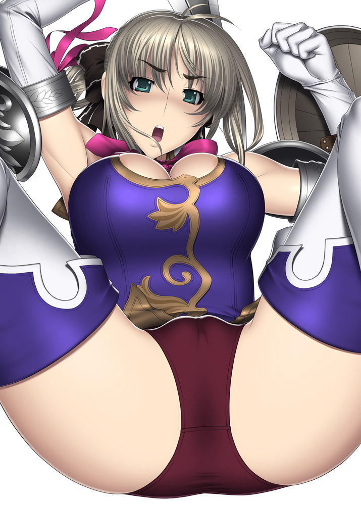 kansuke, cassandra alexandra, soul calibur, soulcalibur, soulcalibur iv, 1girl, aqua eyes, armpits, arms up, blonde hair, bow, breasts, cameltoe, cleavage, female focus, gloves, green eyes, hair bow, large breasts, legs, leotard, open mouth, panties, ponytail, ribbon, shield, shoulder pads, solo, spread legs, sword, thighhighs, thighs, underwear, weapon, wet, wet clothes, wet panties
