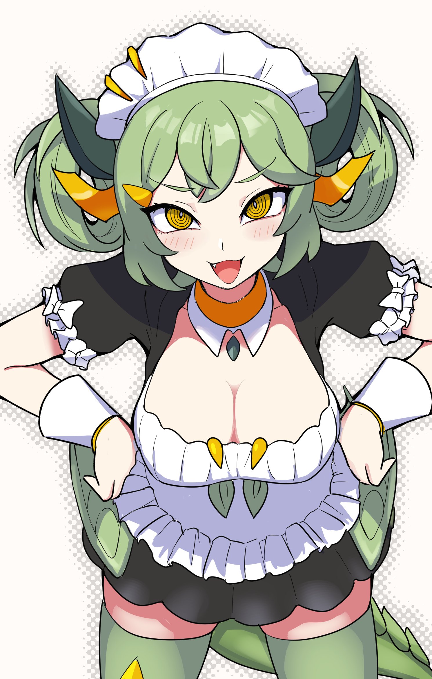 wadatsumi (sense11531153), parlor dragonmaid, yu-gi-oh!, highres, 1girl, black dress, breasts, cleavage, cowboy shot, dragon girl, dragon horns, dragon tail, dress, duel monster, green hair, green tail, green thighhighs, horns, large breasts, maid, maid headdress, ringed eyes, simple background, solo, tail, thighhighs, twintails, white background, yellow eyes