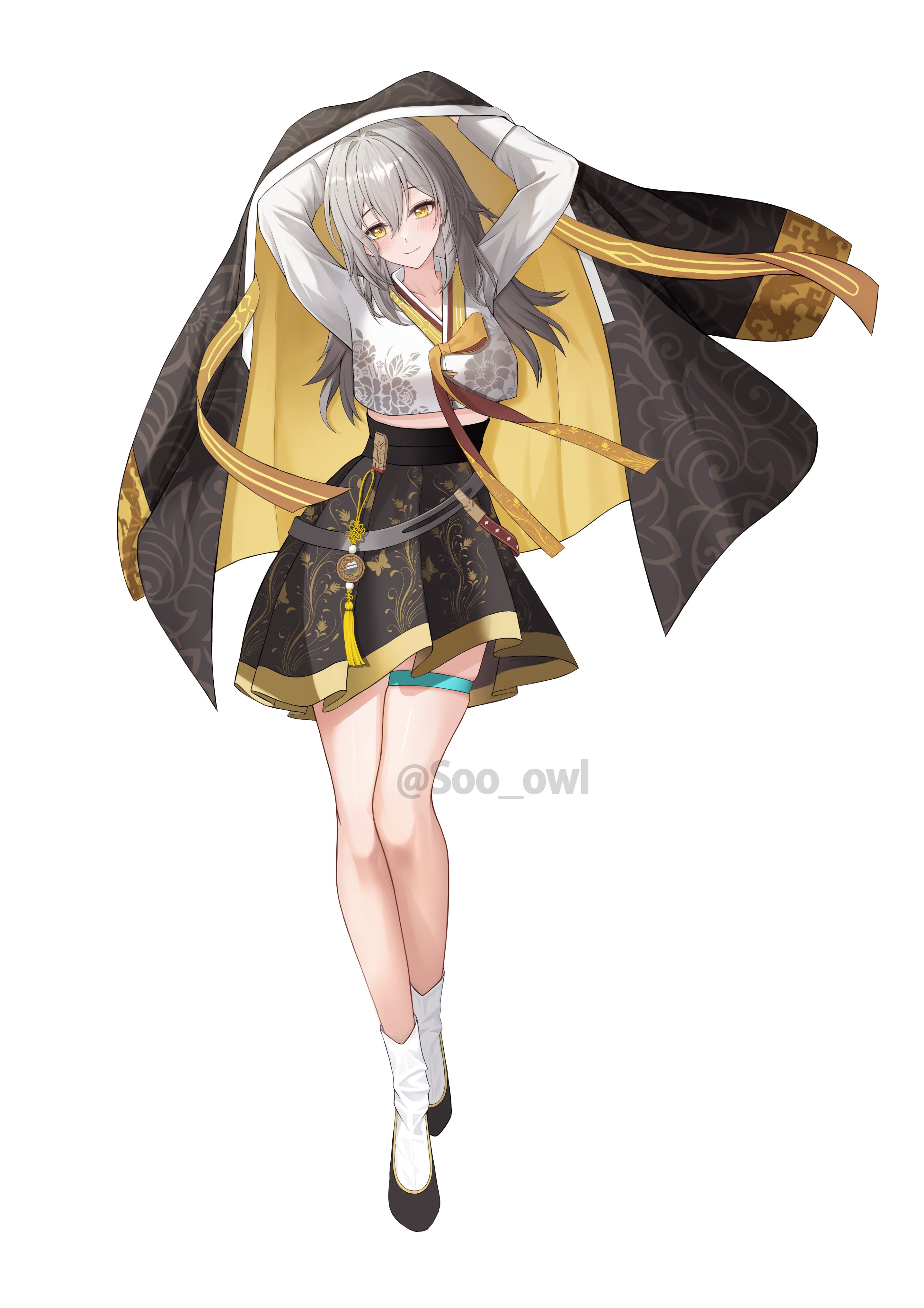 kebi (soo owl), stelle (honkai: star rail), trailblazer (honkai: star rail), honkai: star rail, honkai (series), absurdres, commentary, highres, symbol-only commentary, 1girl, arms behind head, black jacket, black shoes, black skirt, blush, cropped shirt, floral print, full body, grey hair, hair between eyes, head tilt, jacket, light smile, long hair, long sleeves, looking at viewer, midriff, shoes, simple background, skirt, socks, solo, standing, tassel, thigh strap, twitter username, white background, white socks, yellow eyes