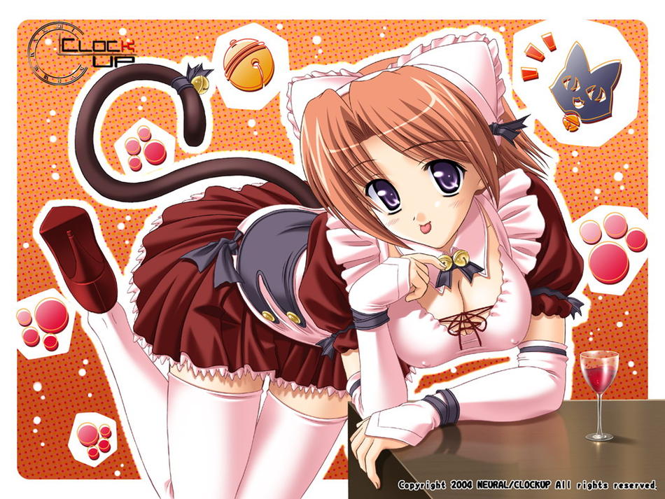 alcohol, animal ears, breasts, cleavage, maid, tail, tongue, wine
