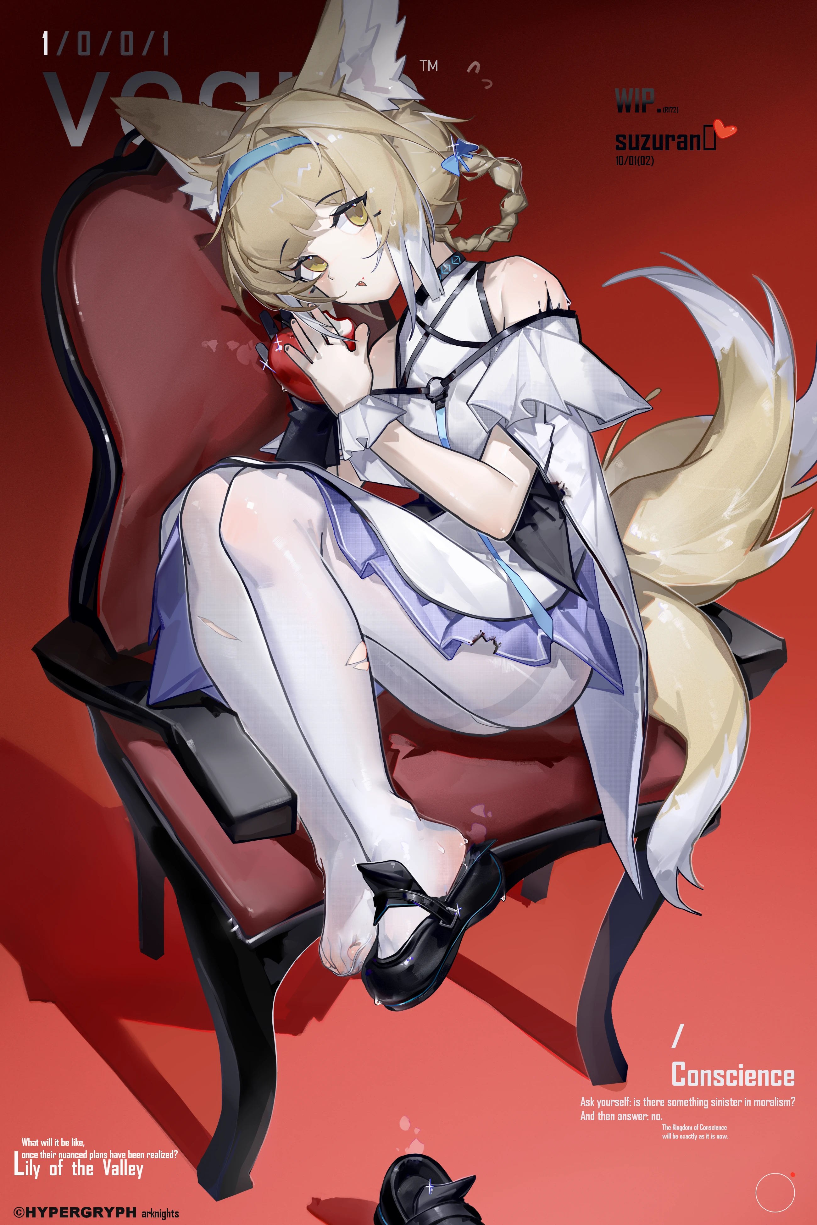meiwei de jianbing, suzuran (arknights), arknights, absurdres, highres, 1girl, animal ears, apple, bare shoulders, chair, dress, food, fox ears, fox girl, fox tail, fruit, gloves, holding, holding food, holding fruit, kitsune, looking at viewer, material growth, multiple tails, oripathy lesion (arknights), pantyhose, red background, shoes, single glove, single shoe, sitting, solo, tail, thighband pantyhose, torn clothes, torn pantyhose, white dress, white pantyhose, yellow eyes
