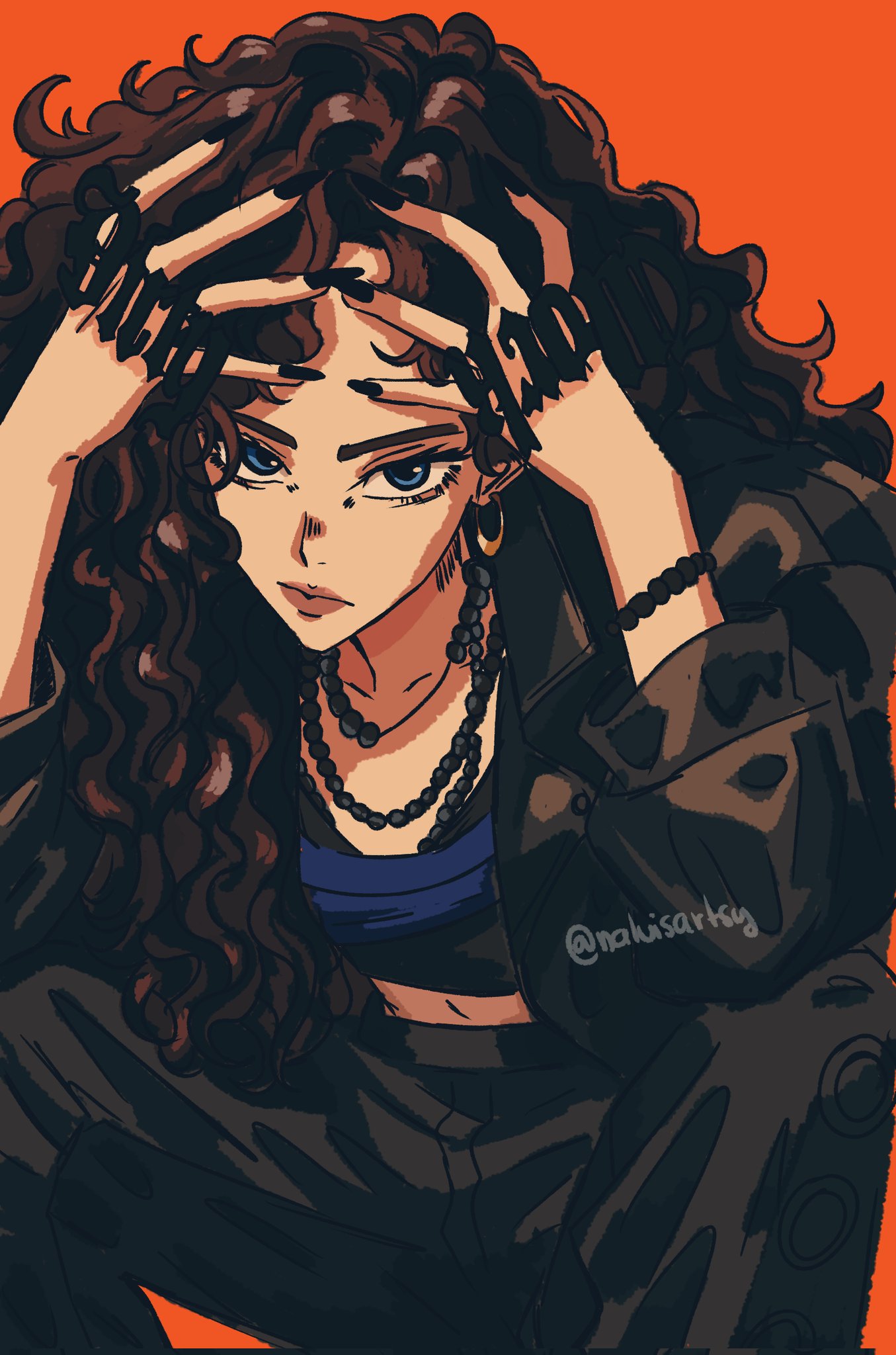 aespa, real life, commentary, highres, 1girl, black nails, black pants, blue eyes, bracelet, closed mouth, earrings, eyelashes, jewelry, k-pop, long hair, looking at viewer, naluisartsy, necklace, orange background, pants, pearl bracelet, pearl necklace, simple background, sitting, solo, wavy hair, winter (aespa)