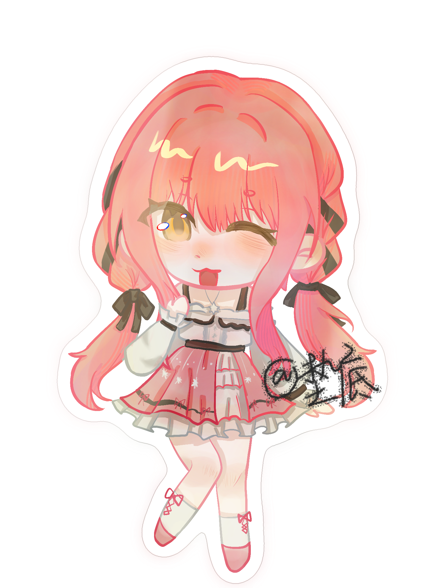 nikki (nikki), perfect start (infinity nikki), infinity nikki, nikki (series), highres, 1girl, aaapilaobanpifagaojie, ankle socks, artist name, bare shoulders, belt, black belt, black bow, black ribbon, blush, bow, bra strap, brown eyes, buttons, chibi, cross-laced clothes, cross-laced legwear, dot nose, eyelashes, frilled shirt, frilled skirt, frilled sleeves, frills, hair between eyes, hair bow, hair intakes, hair ribbon, hand on own shoulder, happy, high-waist skirt, jewelry, knees, layered skirt, long hair, long sidelocks, long sleeves, low twintails, miniskirt, necklace, off-shoulder shirt, off shoulder, one eye closed, open mouth, outline, pink hair, pink ribbon, pink shoes, pink skirt, pleated skirt, print skirt, puffy long sleeves, puffy sleeves, ribbon, ribbon legwear, shirt, shoes, sidelocks, simple background, skirt, sleeves past wrists, smile, socks, solo, standing, star (symbol), star necklace, star print, tress ribbon, twintails, very long hair, wavy hair, white background, white outline, white shirt, white skirt, white socks