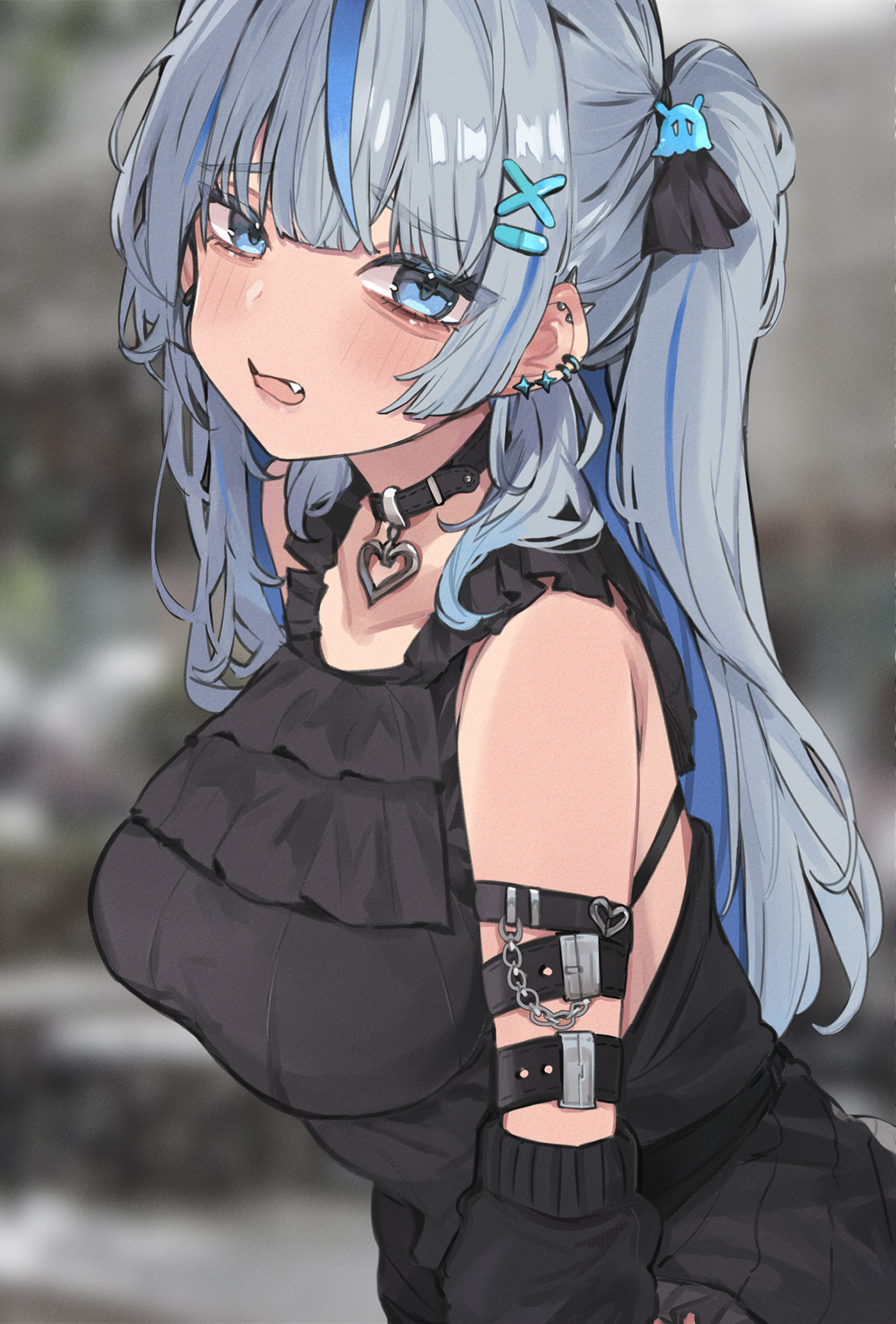appleseed (appleseed art), amagai ruka, weather planet, commentary request, highres, 1girl, belt collar, black dress, blue eyes, blue hair, blush, collar, dress, ear piercing, earclip, fang, hair ornament, hairclip, jirai kei, long hair, looking at viewer, multicolored hair, open mouth, piercing, solo, streaked hair, upper body, virtual youtuber