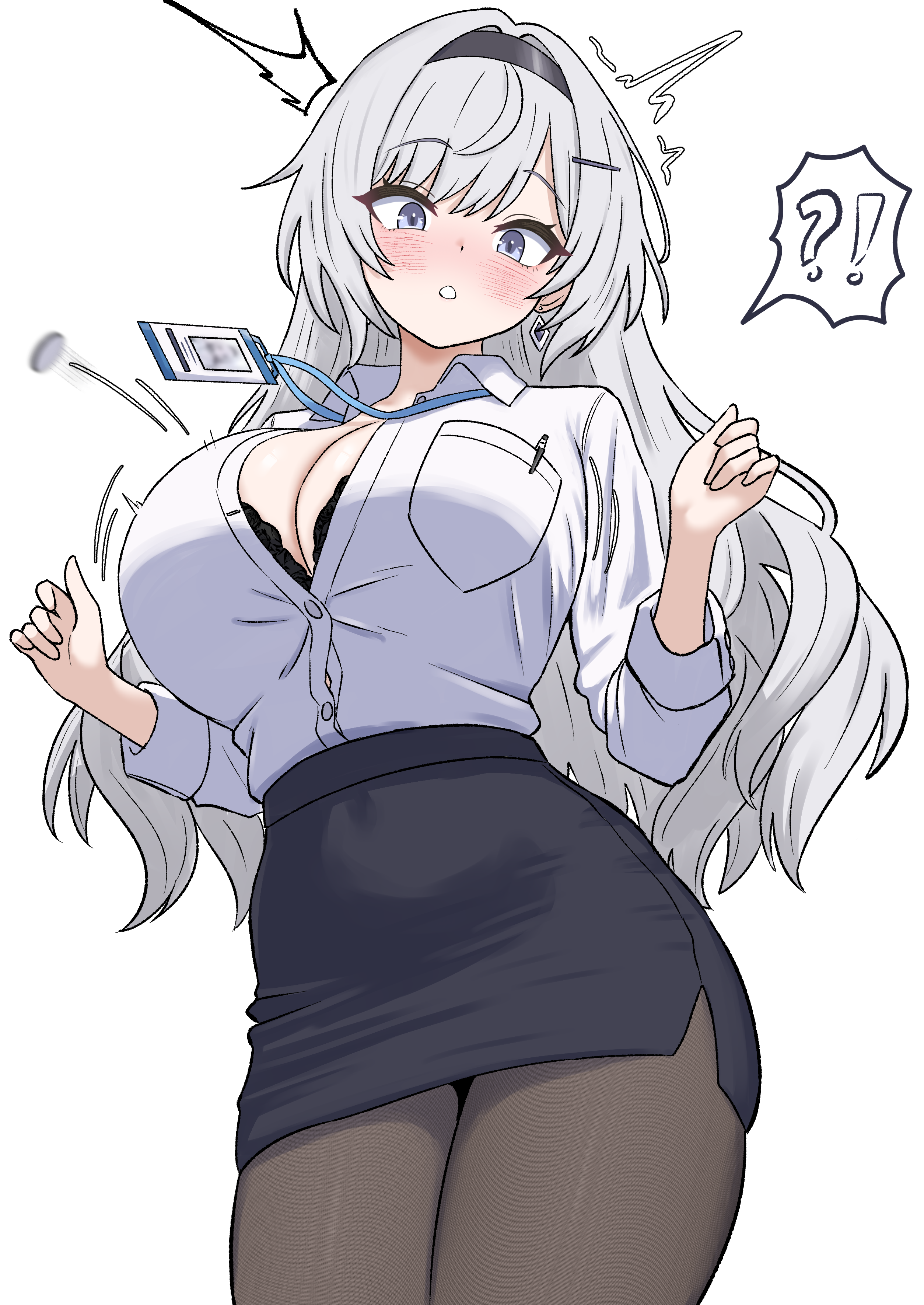 oldsickkim, original, absurdres, commission, highres, !?, 1girl, :o, black bra, black hairband, black skirt, blush, bra, bra peek, breast pocket, breasts, brown pantyhose, bursting breasts, buttons, cleavage, collared shirt, covered navel, cowboy shot, dress shirt, earrings, hairband, hands up, high-waist skirt, id card, jewelry, lanyard, large breasts, long hair, long sleeves, looking at viewer, miniskirt, motion lines, nose blush, office lady, open mouth, pantyhose, pencil skirt, pocket, popped button, purple eyes, shirt, shirt tucked in, simple background, skirt, solo, underwear, wardrobe malfunction, white background, white hair, white shirt
