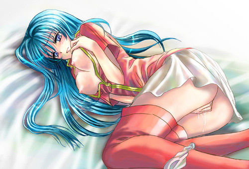 holy pledge, eirika (fire emblem), fire emblem, fire emblem: the sacred stones, nintendo, lowres, 1girl, bed, blue eyes, blue hair, blush, breasts, female focus, female masturbation, long hair, lying, masturbation, matching hair/eyes, no bra, on side, open clothes, open shirt, panties, panties around leg, pussy juice, shirt, skirt, solo, thighhighs, underwear, white panties