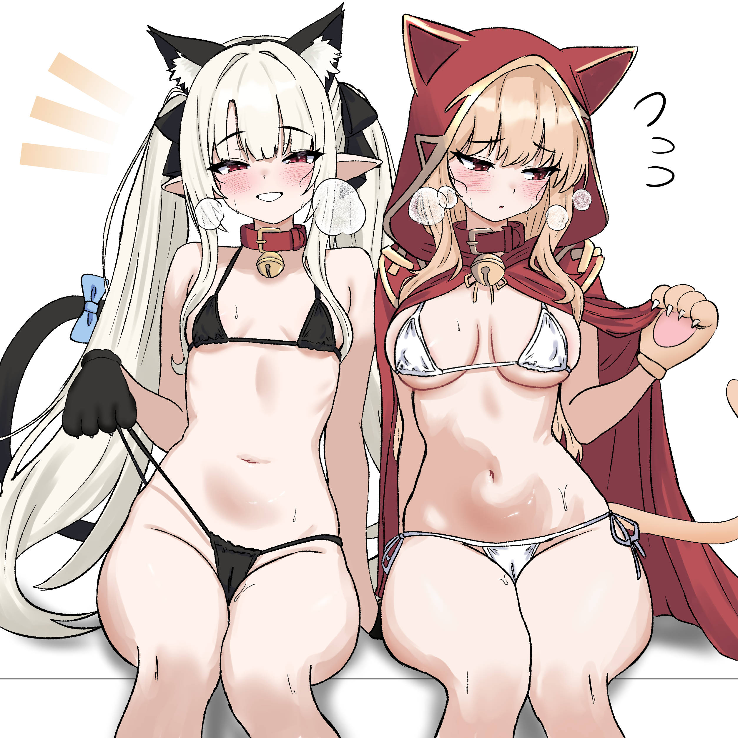 oldsickkim, original, absurdres, commission, highres, 2girls, animal ears, animal hands, bare shoulders, bell, bikini, black bikini, blonde hair, blush, bow, breasts, cameltoe, cat ears, cat tail, cloak, collar, embarrassed, extra ears, gloves, grin, hair bow, hairband, halterneck, heavy breathing, hood, hooded cloak, jingle bell, long hair, looking at viewer, looking to the side, medium breasts, multiple girls, navel, notice lines, parted lips, paw gloves, pointy ears, pulling own clothes, red cloak, red collar, red eyes, side-tie bikini bottom, sidelocks, simple background, sitting, small breasts, smile, stomach, strap pull, string bikini, sweat, swimsuit, tail, tail raised, thighs, twintails, very long hair, white background, white bikini, white hair