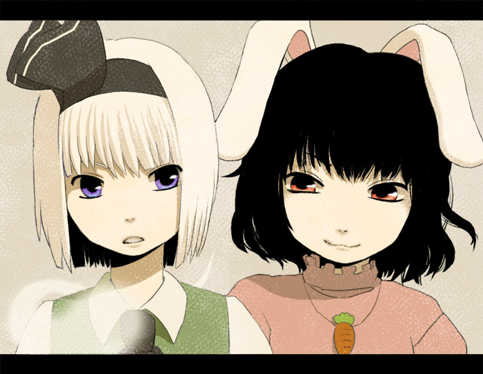 jiji (artist), inaba tewi, konpaku youmu, konpaku youmu (ghost), phantasmagoria of flower view, touhou, 2girls, :3, animal ears, black hair, blue eyes, bob cut, carrot, female focus, hairband, hitodama, jewelry, letterboxed, multiple girls, pendant, rabbit ears, red eyes, short hair, white hair
