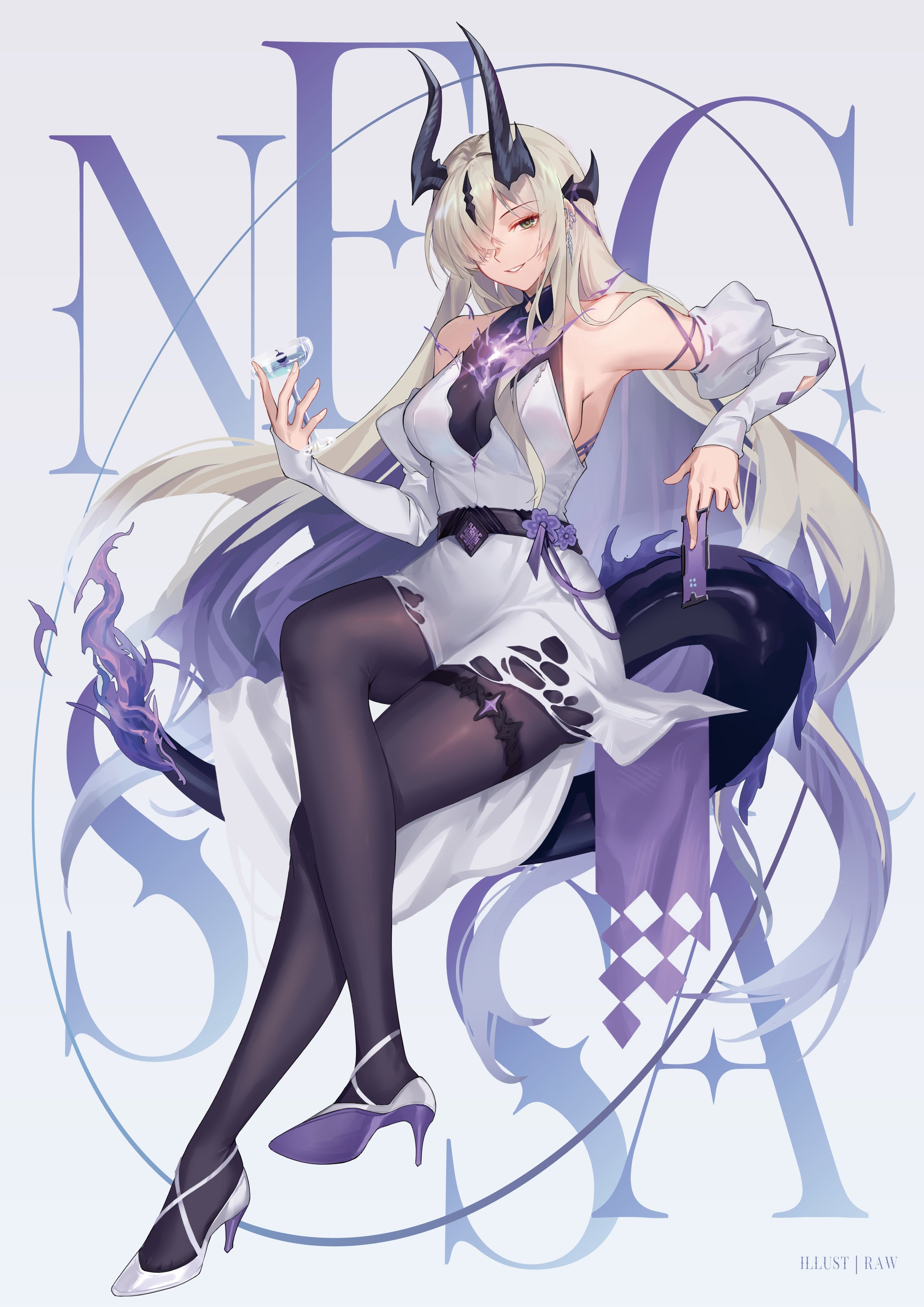 hongbaise raw, necrass (arknights), arknights, absurdres, highres, 1girl, armpits, bare shoulders, black pantyhose, blonde hair, breasts, crossed legs, cup, detached sleeves, dragon girl, dragon horns, dragon tail, dress, drinking glass, fire, flame-tipped tail, hair over one eye, hand fan, high heels, holding, holding fan, horns, large breasts, long hair, long sleeves, looking at viewer, pantyhose, parted lips, sitting, smile, solo, tail, torn clothes, very long hair, white dress