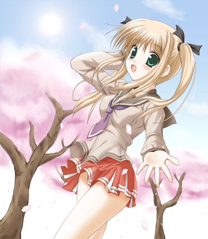 utamaru (konomix), 1girl, blonde hair, female focus, green eyes, petals, school uniform, skirt, solo, twintails