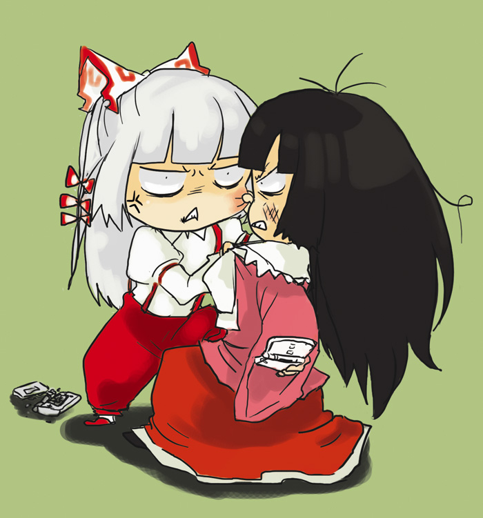 syake (artist), fujiwara no mokou, houraisan kaguya, touhou, bad id, bad pixiv id, 2girls, battle, cheek pinching, chibi, female focus, fighting, handheld game console, multiple girls, nintendo ds, pinching