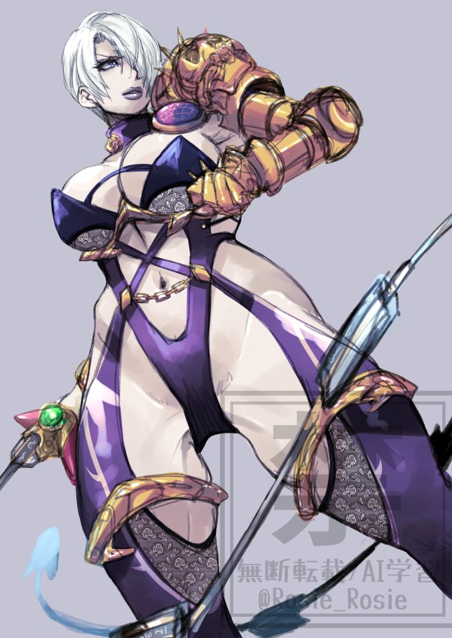 rosie rosie, isabella valentine, soul calibur, 1girl, breasts, cleavage, gauntlets, grey background, holding, holding weapon, large breasts, leotard, navel, purple leotard, purple lips, revealing clothes, short hair, simple background, single shoulder pad, solo, weapon, white hair