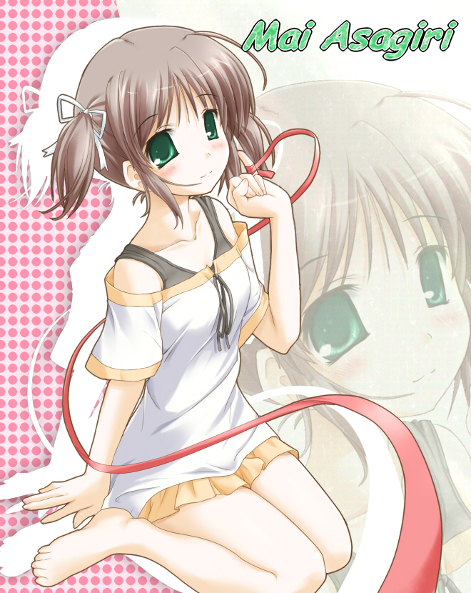 utamaru (konomix), asagiri mai, yoake mae yori ruri iro na, 1girl, barefoot, blush, brown hair, dkirt, female focus, green eyes, hair ribbon, off shoulder, ribbon, short twintails, sitting, skirt, smile, solo, tank top, twintails, zoom layer