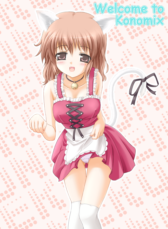 utamaru (konomix), 1girl, animal ears, bell, bow, cat ears, cat tail, clothes lift, dress, dress lift, fang, female focus, jingle bell, leaning forward, looking at viewer, maid, panties, paw pose, short hair, smile, solo, tail, tail bow, tail ornament, thighhighs, underwear, waitress, zettai ryouiki