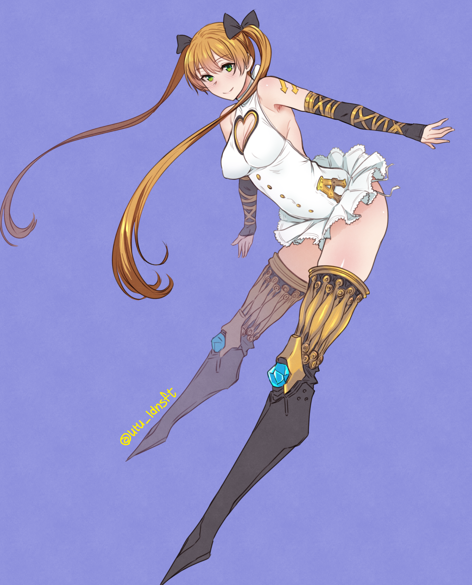 utu (ldnsft), achilles (eiyuu senki), eiyuu senki ww, commentary request, highres, 1girl, bare shoulders, black bow, blue background, boots, bow, breasts, brown hair, cleavage, cleavage cutout, closed mouth, clothing cutout, detached sleeves, dress, full body, green eyes, hair bow, heart cutout, large breasts, long hair, looking at viewer, short dress, simple background, sleeveless, sleeveless dress, smile, solo, thigh boots, twintails, white dress