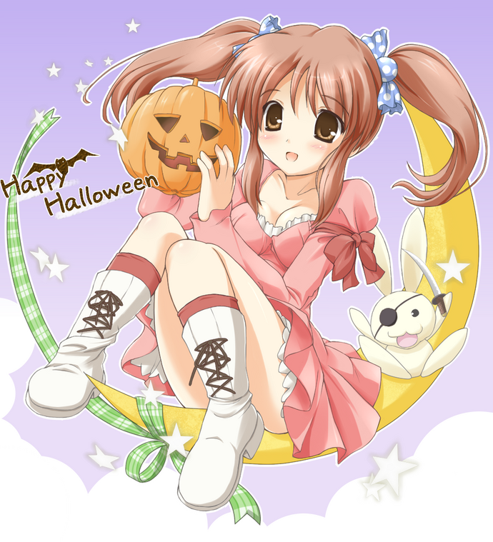 utamaru (konomix), 1girl, boots, brown hair, female focus, hair ribbon, halloween, happy halloween, jack-o'-lantern, polka dot, pumpkin, ribbon, skirt, solo, twintails