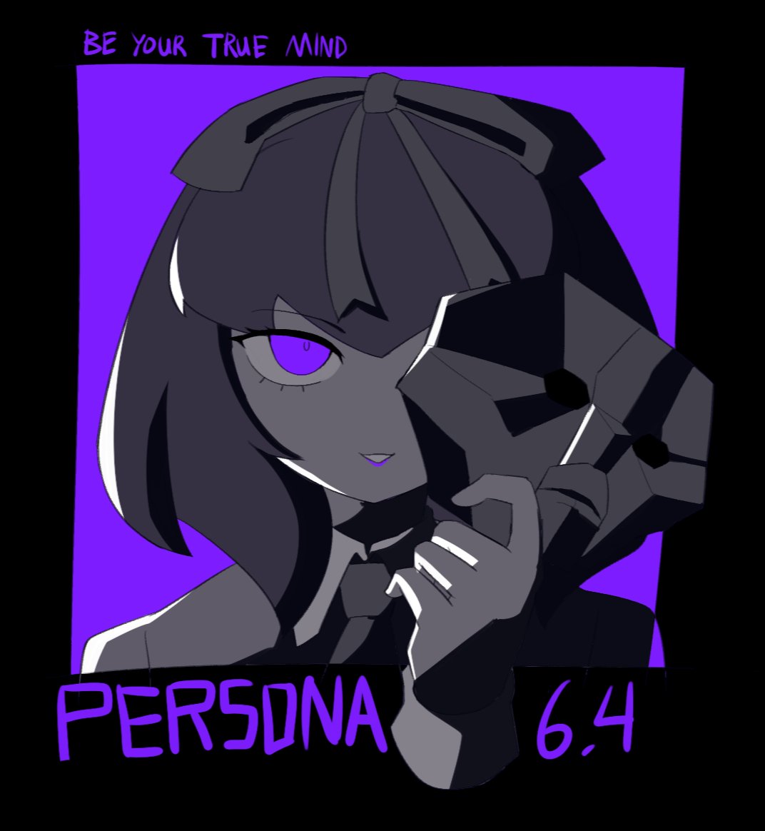sasibowol, sonomura maki, persona, persona 1, hashtag-only commentary, 1girl, bow, copyright name, dated, english text, greyscale with colored background, hair bow, holding, holding mask, long hair, looking at viewer, mask, monochrome, necktie, portrait, purple background, purple eyes, simple background, smile, solo, spot color