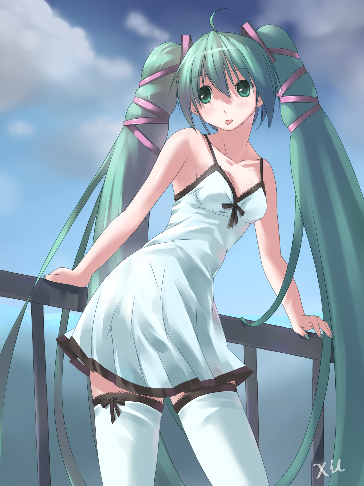 yykuaixian, hatsune miku, vocaloid, bad id, bad pixiv id, highres, 1girl, aqua hair, cloud, day, dress, female focus, green eyes, long hair, railing, ribbon, sky, solo, thighhighs, tongue, twintails, very long hair