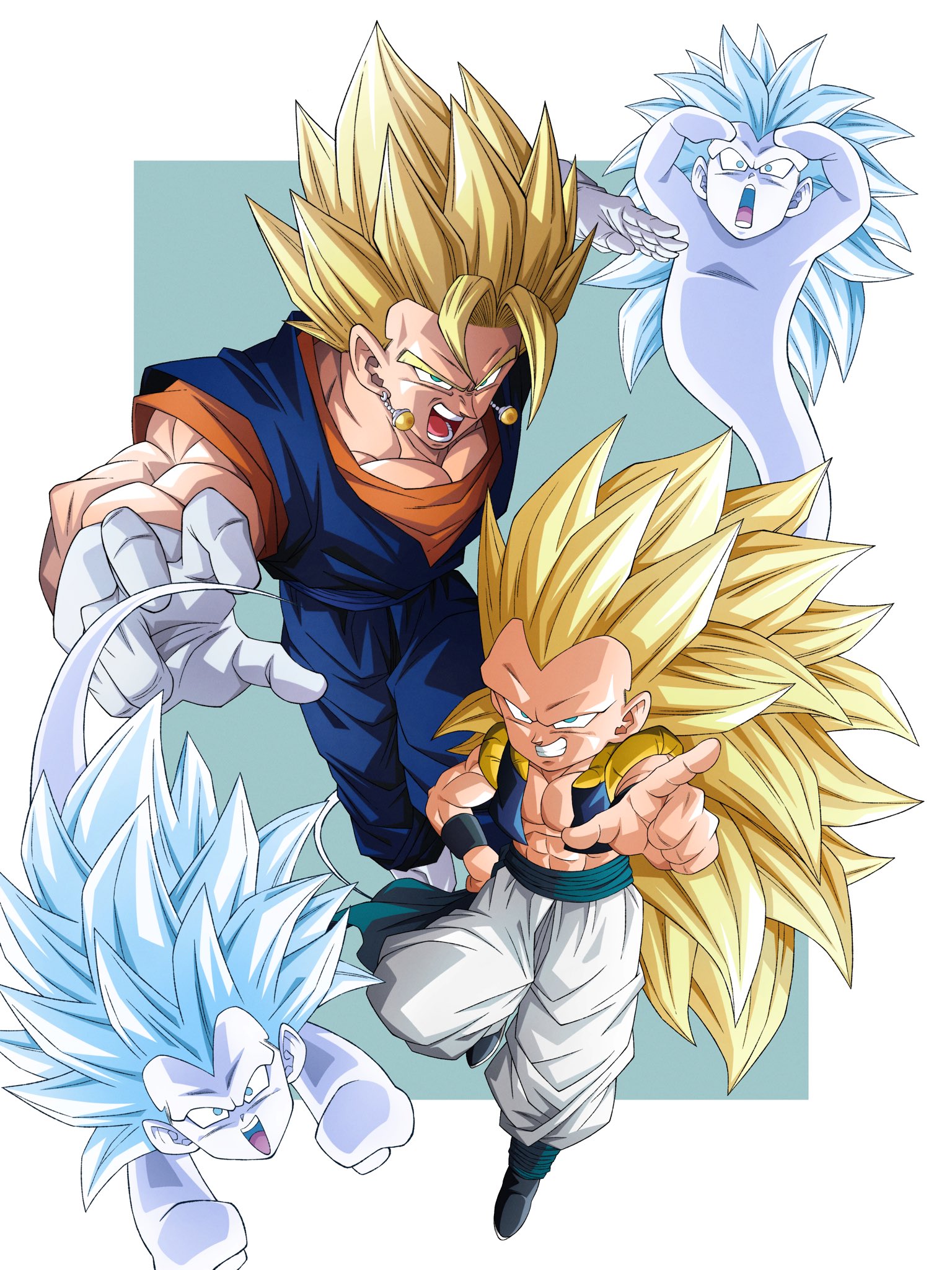 artjohnny1020, gotenks, vegetto, dragon ball, dragonball z, highres, 4boys, abs, black vest, blonde hair, blue pants, blue sash, blue shirt, boots, border, dougi, earrings, full body, ghost, gloves, green background, green eyes, group picture, hand on own hip, jewelry, long hair, medium hair, metamoran vest, multiple boys, muscular, muscular male, no eyebrows, no shirt, open mouth, orange shirt, pants, parted lips, pointing, pointing at viewer, potara earrings, sash, shirt, simple background, smirk, spiked hair, super saiyan, super saiyan 1, super saiyan 3, vest, white boots, white border, white gloves, white pants