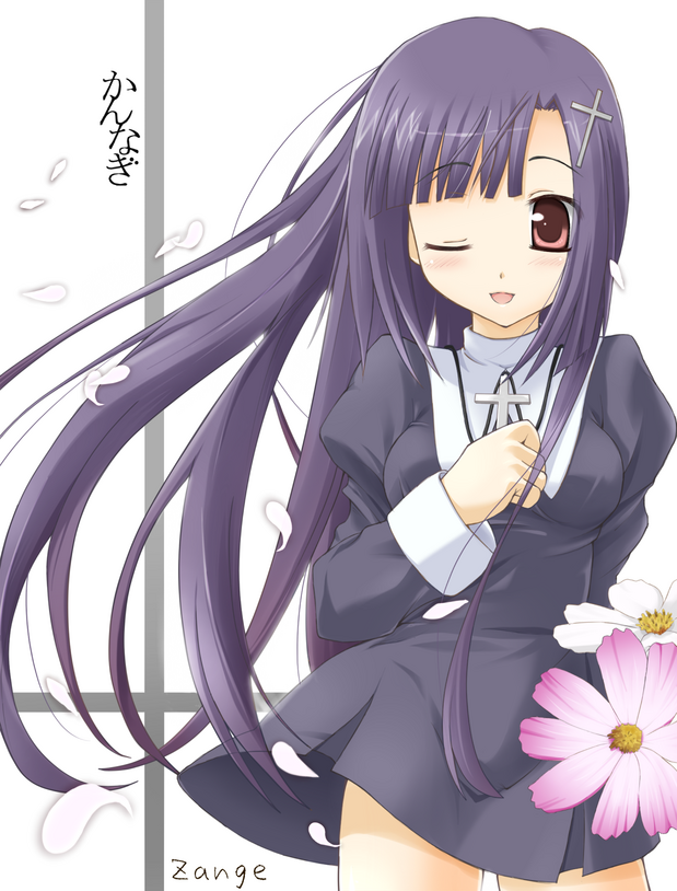 utamaru (konomix), zange, kannagi, 00s, 1girl, cross, dress, female focus, long hair, one eye closed, purple hair, solo, wink
