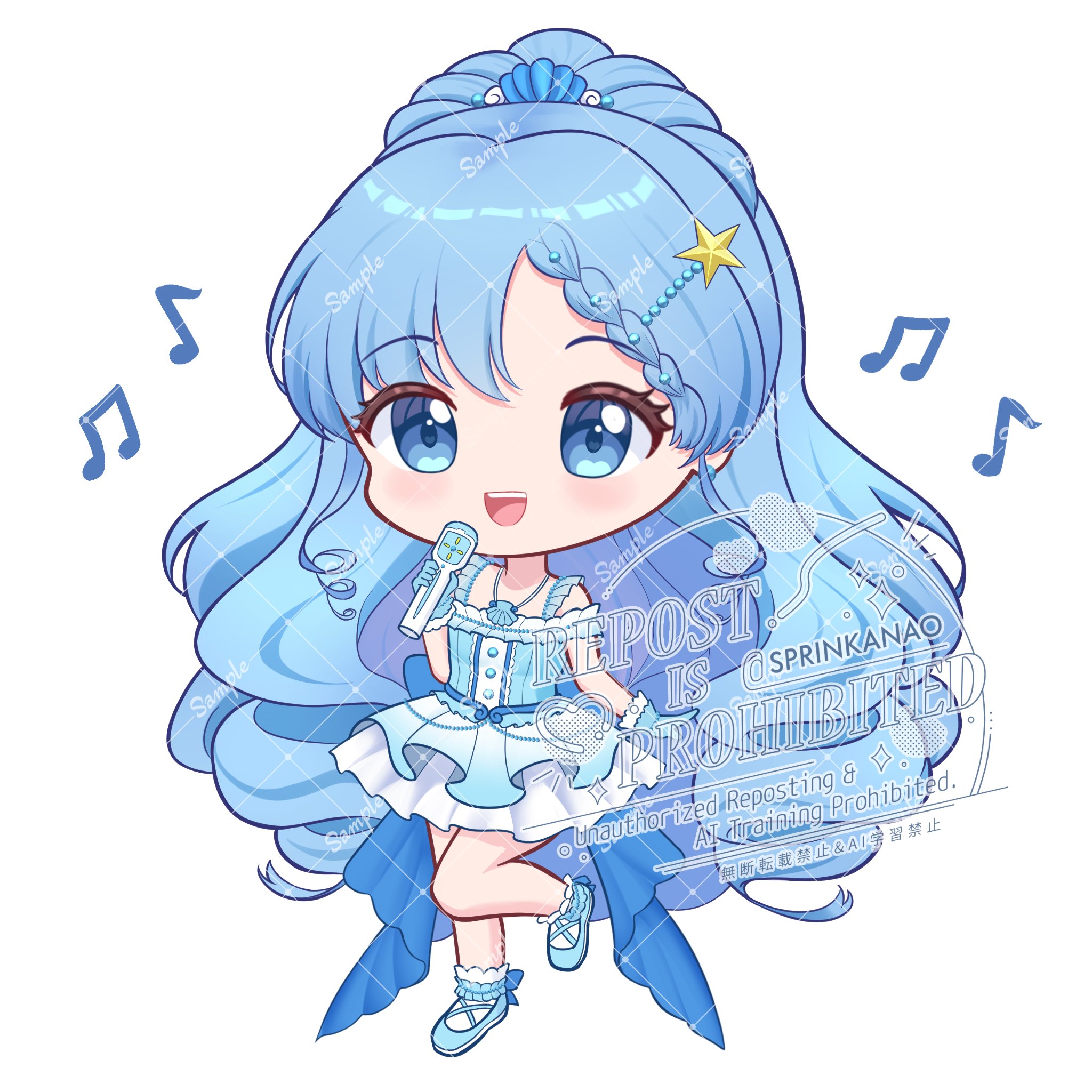 nao (sprinkanao), houshou hanon, houshou hanon (idol), mermaid melody pichi pichi pitch, commission, highres, vgen commission, 1girl, artist name, back bow, bare legs, bare shoulders, beads, blue bow, blue dress, blue eyes, blue gloves, blue hair, blue shoes, blue theme, bow, braid, buttons, center frills, chibi, clothing cutout, cross-laced shoes, dress, eyelashes, footwear bow, frilled anklet, frilled dress, frilled gloves, frilled sleeves, frills, gloves, hair beads, hair ornament, hairclip, happy, high ponytail, holding, holding microphone, idol, jewelry, large bow, leg up, light blush, long hair, looking at viewer, magical girl, microphone, music, musical note, necklace, open mouth, ponytail, ringlets, sample watermark, shell, shell hair ornament, shell necklace, shoes, short dress, short sleeves, shoulder cutout, simple background, singing, single braid, smile, socks, solo, standing, star (symbol), star hair ornament, tareme, teeth, upper teeth only, very long hair, waist bow, watermark, watermark grid, wavy hair, white background, white socks