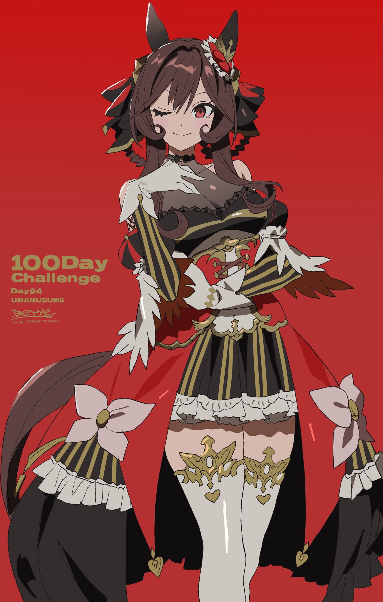 betti (xx betti), gentildonna (regina dei fiori) (umamusume), gentildonna (umamusume), umamusume, highres, 1girl, animal ears, black dress, blush, bow, braid, braided hair rings, breasts, brown hair, choker, cleavage, closed mouth, corset, detached sleeves, dress, ear covers, ear ornament, gloves, hair between eyes, hair ornament, hair rings, heart-shaped ornament, heart ear ornament, horse ears, horse girl, horse tail, large breasts, long hair, looking at viewer, one eye closed, red background, red corset, red eyes, see-through cleavage, see-through clothes, simple background, smile, solo, tail, thighhighs, white gloves, white thighhighs