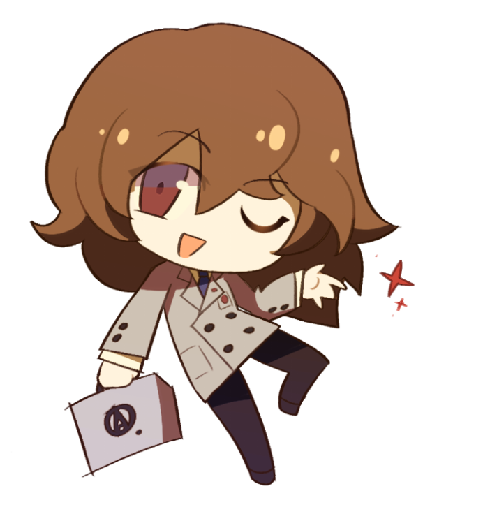 sasibowol, akechi gorou, persona, persona 5, commentary request, korean commentary, 1boy, black pants, brown eyes, brown hair, chibi, chibi only, coat, full body, grey coat, long hair, long sleeves, looking at viewer, male focus, necktie, one eye closed, open mouth, pants, simple background, smile, solo, sparkle, suitcase, white background