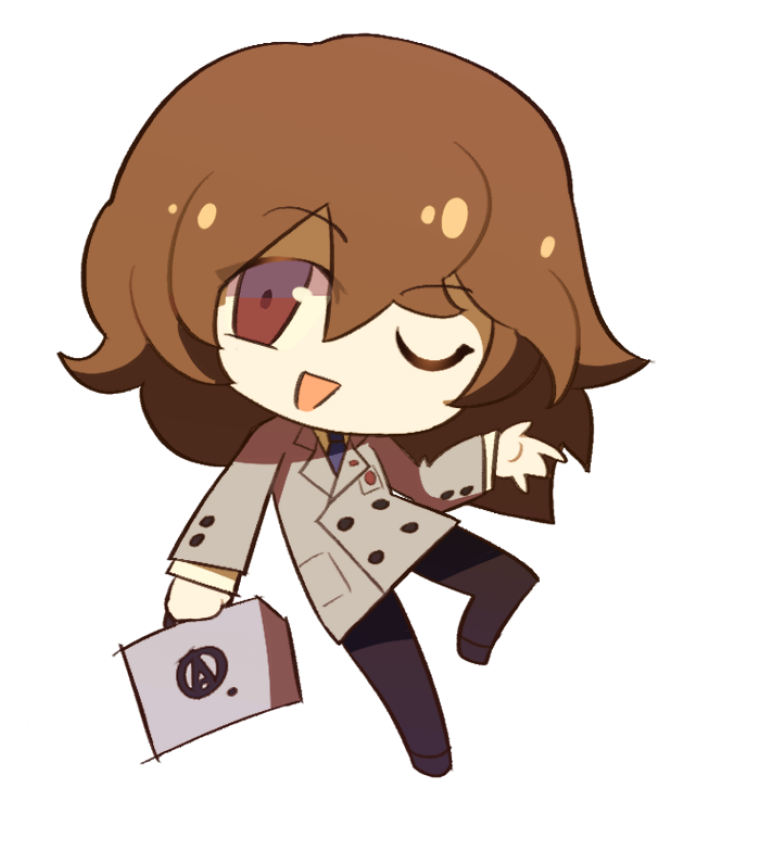 sasibowol, akechi gorou, persona, persona 5, commentary request, korean commentary, 1boy, black pants, brown eyes, brown hair, chibi, chibi only, coat, full body, grey coat, long hair, long sleeves, looking at viewer, male focus, necktie, one eye closed, open mouth, pants, simple background, smile, solo, suitcase, white background