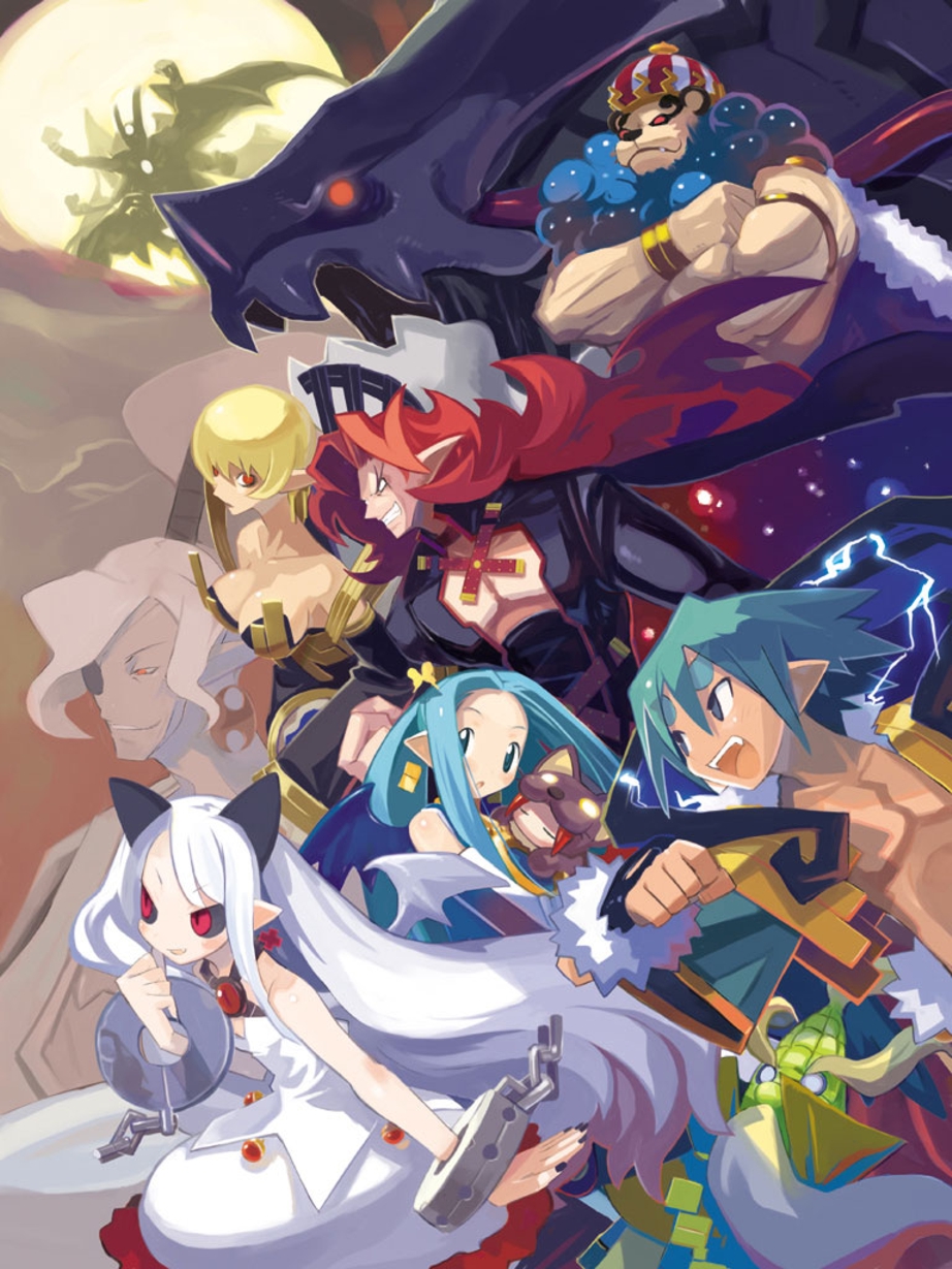 harada takehito, alexander (makai kingdom), alexander (phantom kingdom), babylon (makai kingdom), babylon (phantom kingdom), corn guy (phantom kingdom), hell kitty, king drake, pram (phantom kingdom), saber kitty, saber kitty (disgaea), salome (phantom kingdom), seedle, seedle (phantom kingdom), trenia, trenia (phantom kingdom), valvoga, valvoga (phantom kingdom), zetta (phantom kingdom), disgaea, nippon ichi, phantom kingdom, eyebrows, striped, highres, official art, :d, :o, age difference, albino, animal costume, animal ears, aqua hair, armband, babylon (makai) kingdom, bare shoulders, bat wings, beard, black sclera, blonde hair, blue eyes, blue hair, blush, breasts, bubble skirt, cape, chain, choker, cleavage, clenched hand, clenched teeth, closed eyes, cloud, colored sclera, criss-cross halter, cropped jacket, crossed arms, crown, cuffs, demon girl, detached sleeves, dragon, earrings, electricity, everyone, evil grin, evil smile, eyepatch, facial hair, facial mark, fang, fighting stance, fingernails, flat chest, full moon, fur trim, gem, glowing, glowing eyes, grin, hair between eyes, halterneck, high ponytail, horns, jacket, jewelry, large breasts, long fingernails, long hair, long pointy ears, looking at viewer, moon, multiple boys, multiple girls, muscular, nail polish, neck ring, night, night sky, no pupils, open clothes, open jacket, open mouth, open shirt, orange eyes, pectorals, pointy ears, ponytail, profile, red eyes, red hair, shirt, short hair, sideboob, skirt, sky, slit pupils, smile, spiked hair, star (sky), starry sky, teeth, very long hair, white hair, wings